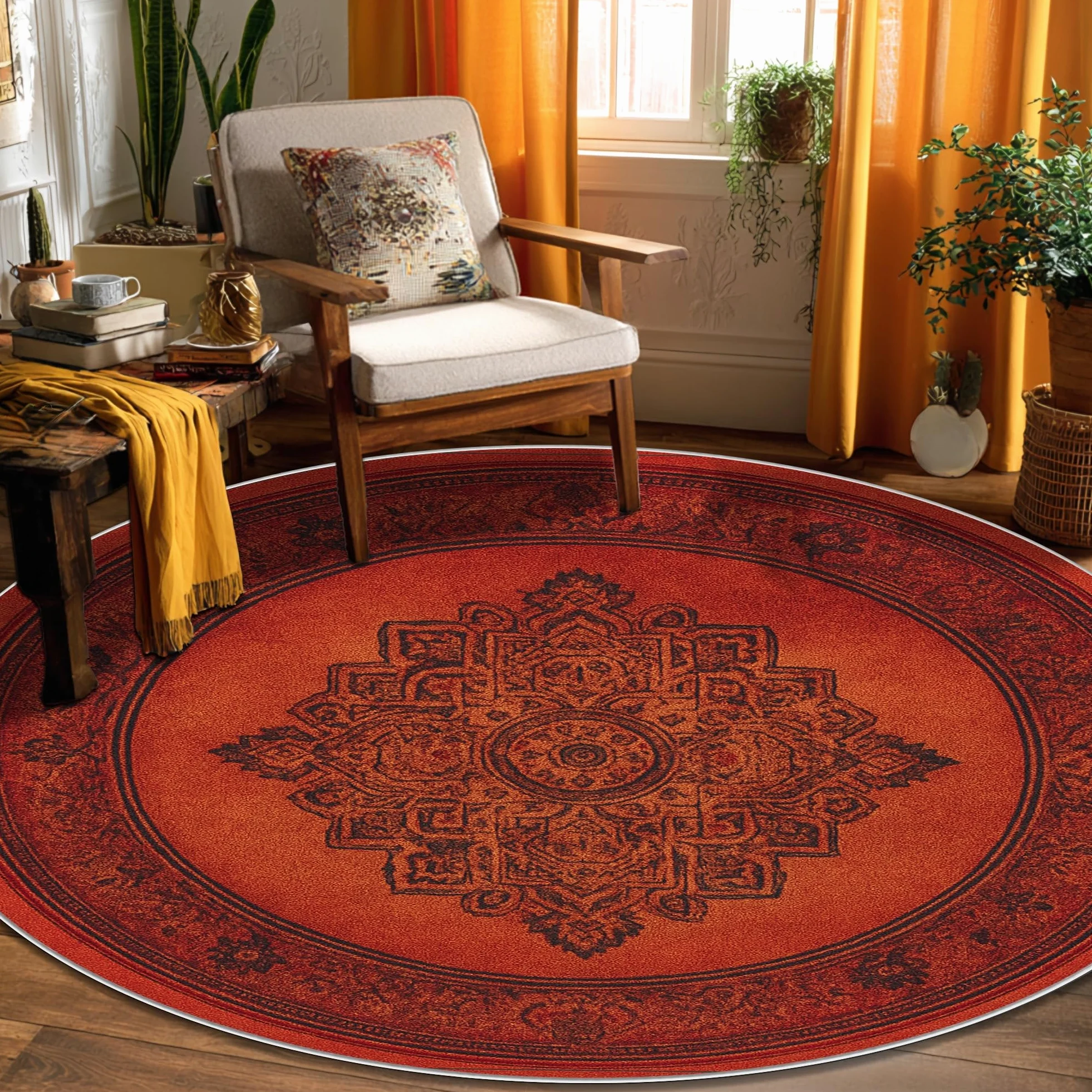 Tapis mandala, style bohème vintage à ornement floral, terre cuite, envers antidérapant, pour salon, chambre à coucher, nouvelle maison, salle à manger, 1,8 x 1,8 m