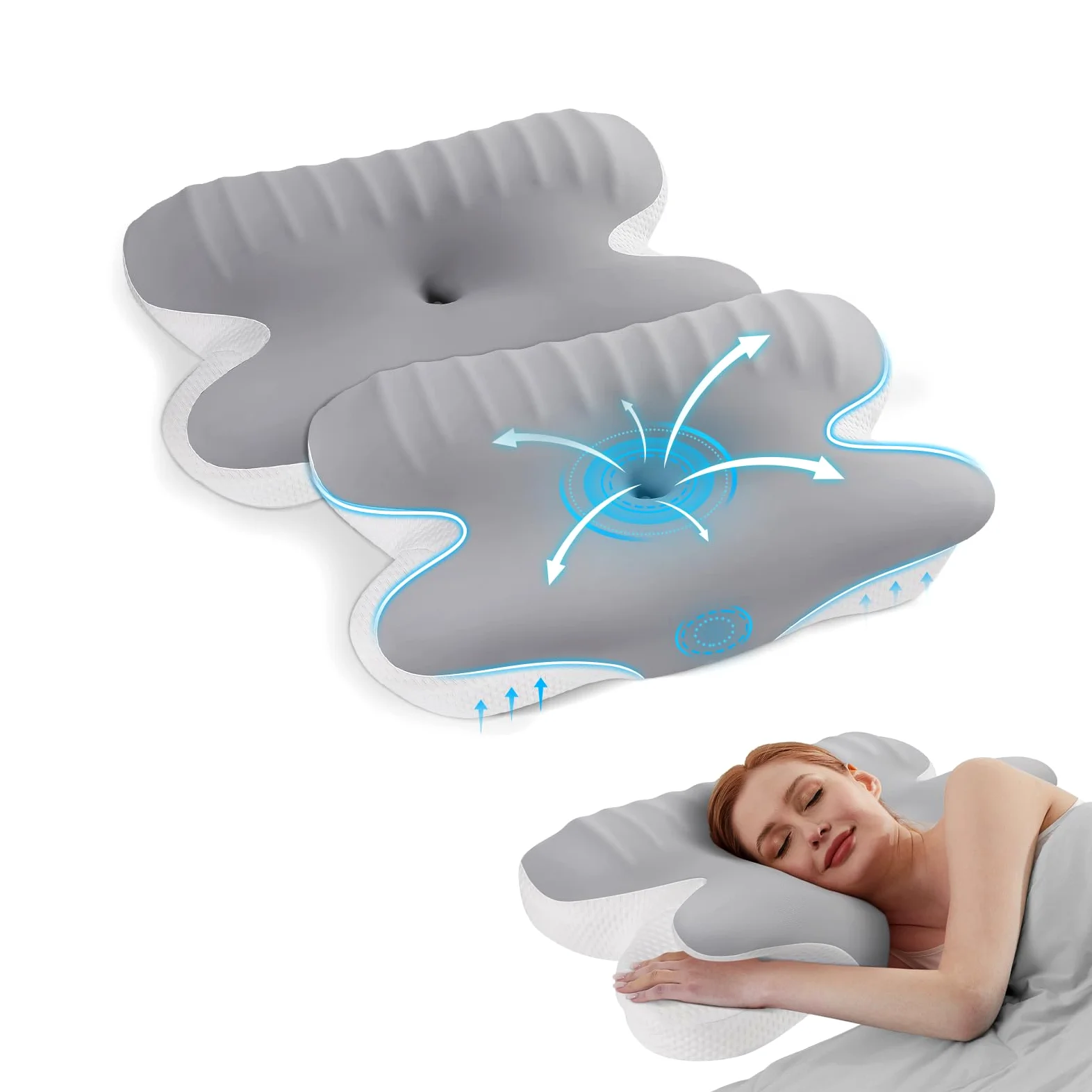 A-PCE 2 Pièces Oreiller en Mousse à mémoire de Forme | Oreiller de Soutien Cervical,avec taie d'oreiller Amovible rafraîchissante,Soulage Les douleurs du Cou et des épaules,Gris