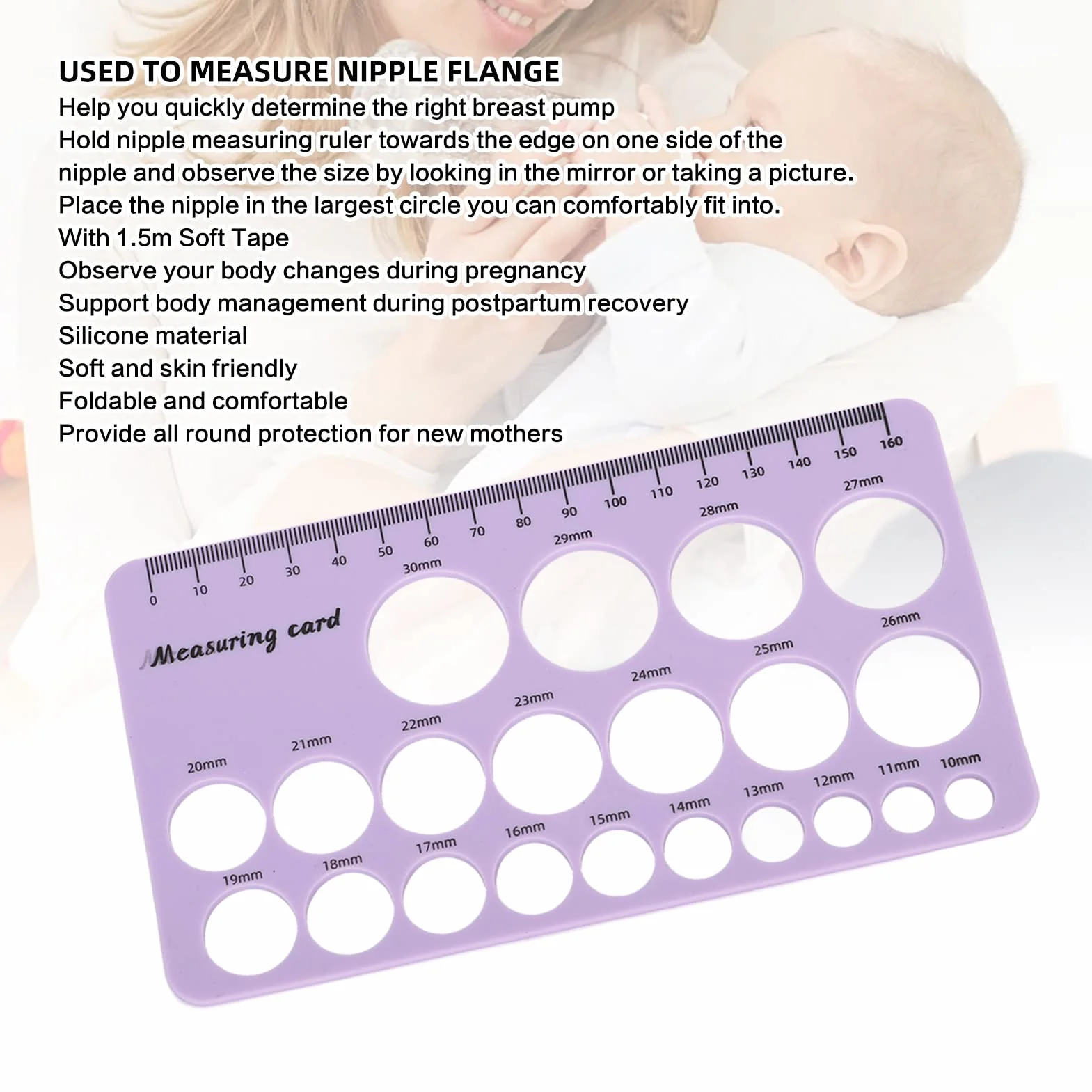 Outil de Mesure de Bride de Mamelon en Silicone 1,5 M Ruban Souple pour Pompe à Lait (Violet)