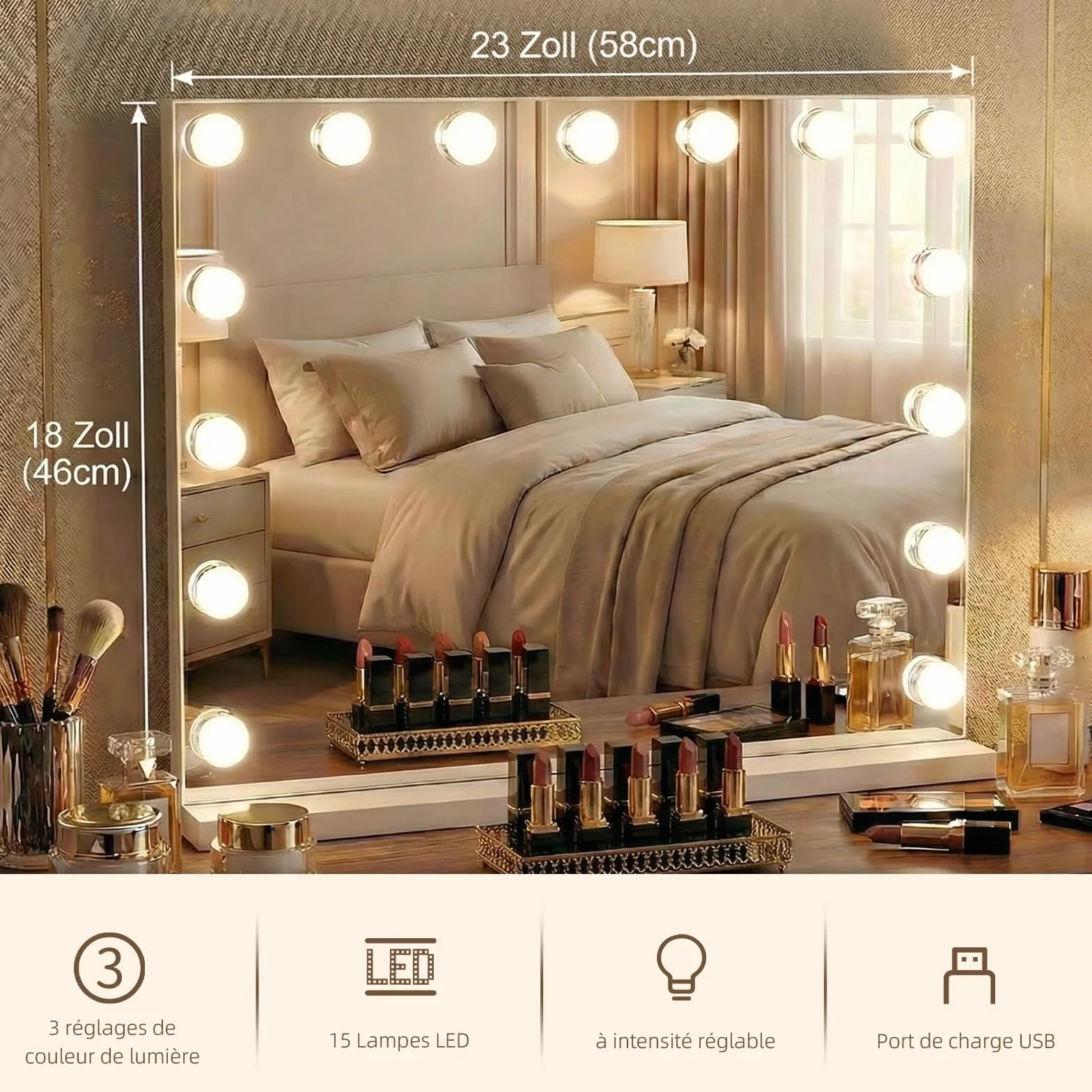 Miroir Coiffeuse de Maquillage 58×46 cm LED 15 Lampes Super HD Grossissement ×10 3 Couleurs Intensité Réglable USB