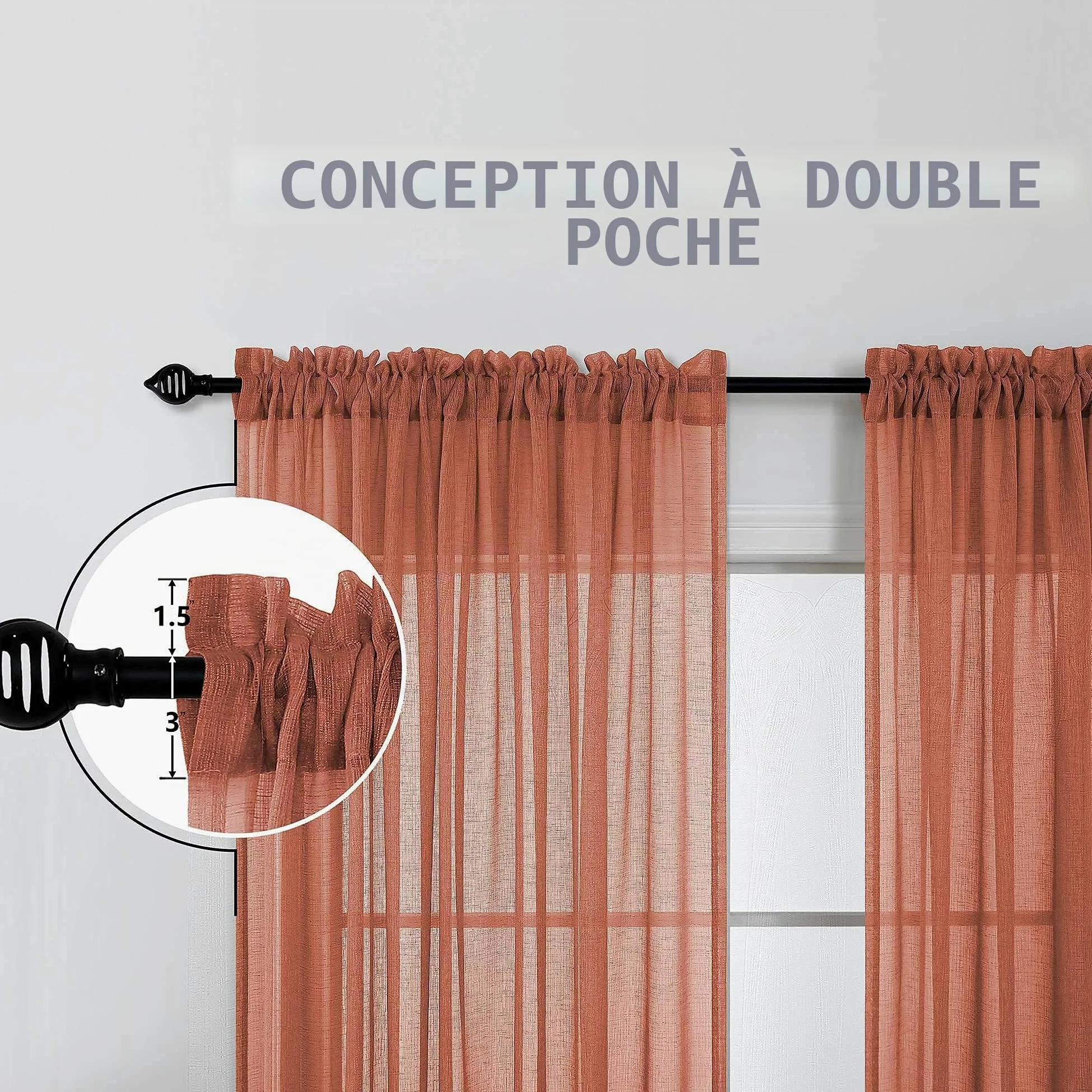 Lot de 2 Rideaux Semi-Transparents en Lin synthétique avec Passe-Tringle pour Chambre à Coucher et Chambre à Coucher (Terre Cuite) – 213 x 213 cm de Long – Orange brûlé