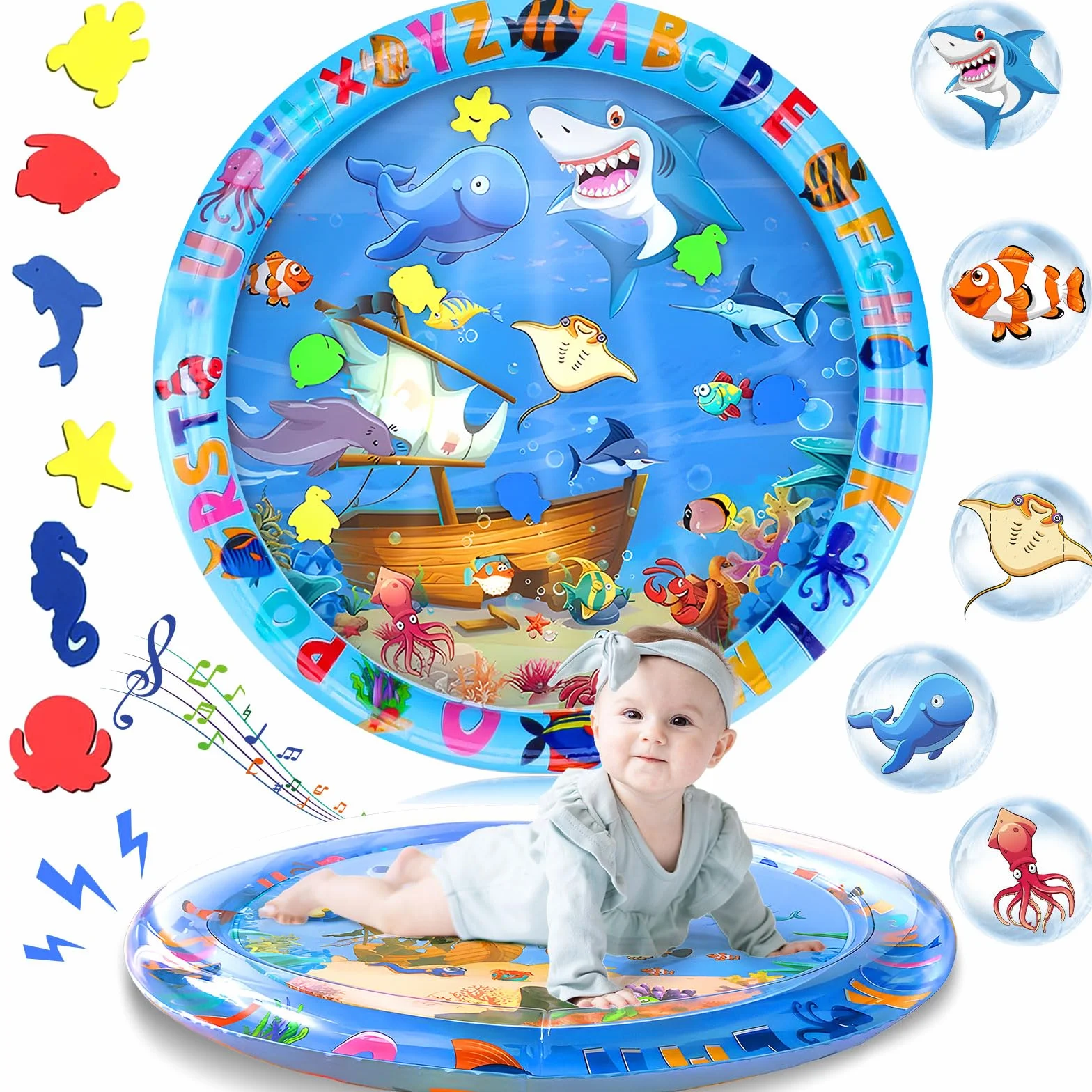 Tapis Eau Bebe Eveil 63 x 63 cm Aquarium Bebe Gonflé PVC Imperméable Motif Dauphin Sensoriel Rond