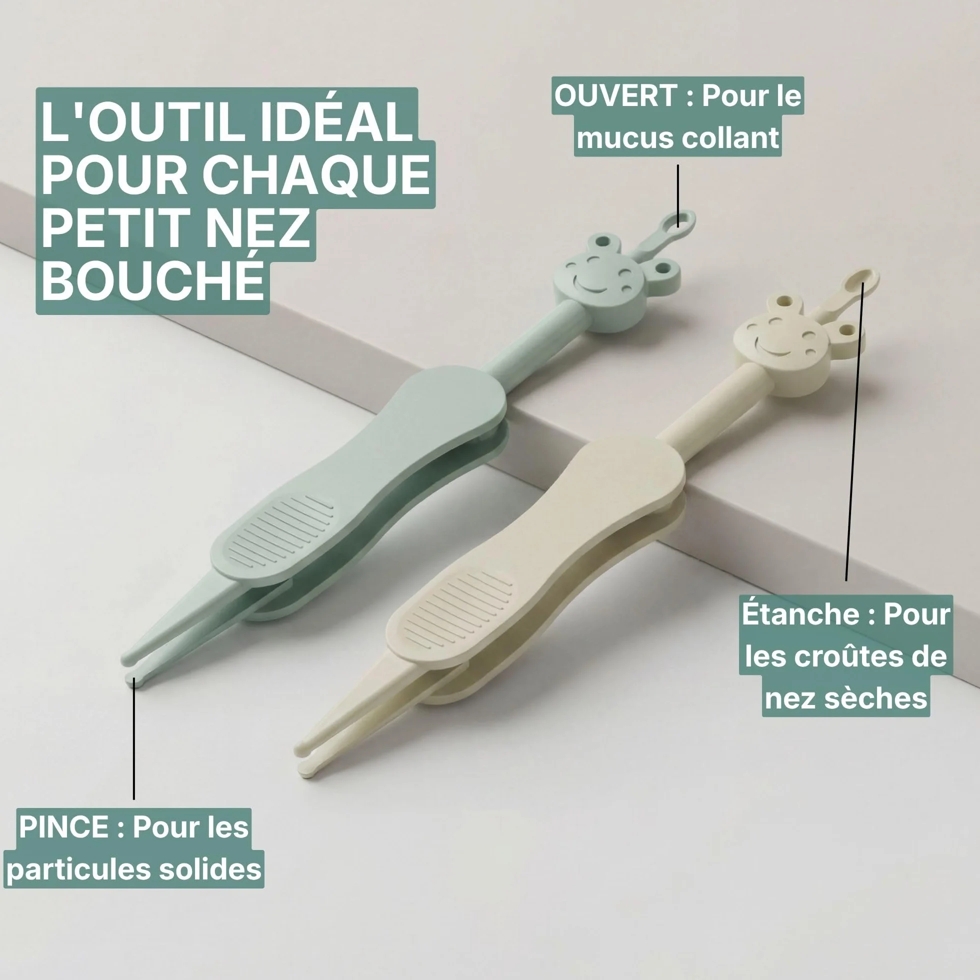 Nettoyeur de nez et d'oreilles bébé 3-en-1 avec pince, sans BPA, Vert/Beige
