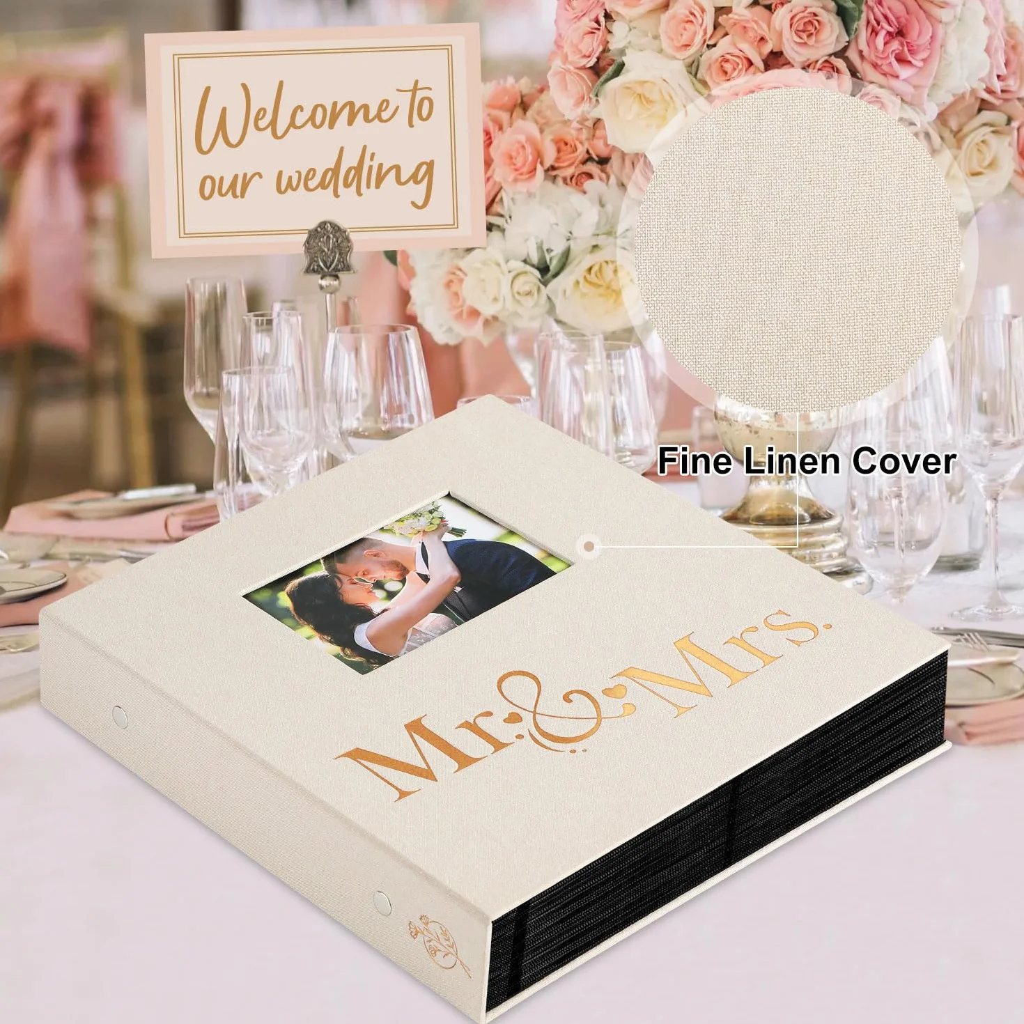 Album Photo Mariage 10x15cm 600 Poche Lin Tissu Fenêtre Mr & Mrs Beige