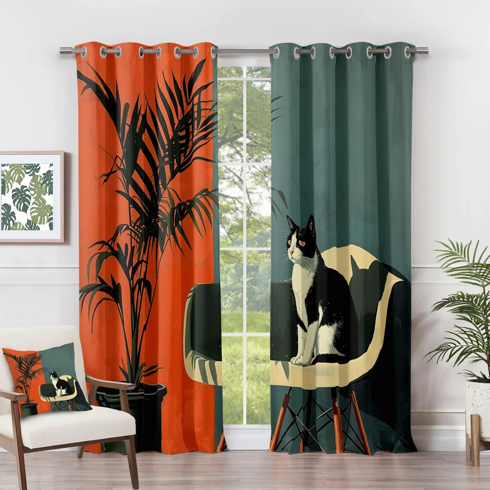 Rideau Occultant Chat - Rideau Thermique Motif Bloc de Couleur Vertes Orange Brûlé, Rideaux Chambre Salon Fenetre, Lot de 2 Rideaux et Draperies Intérieurs à Oeillets, 117x183 cm (LxH) N#-125