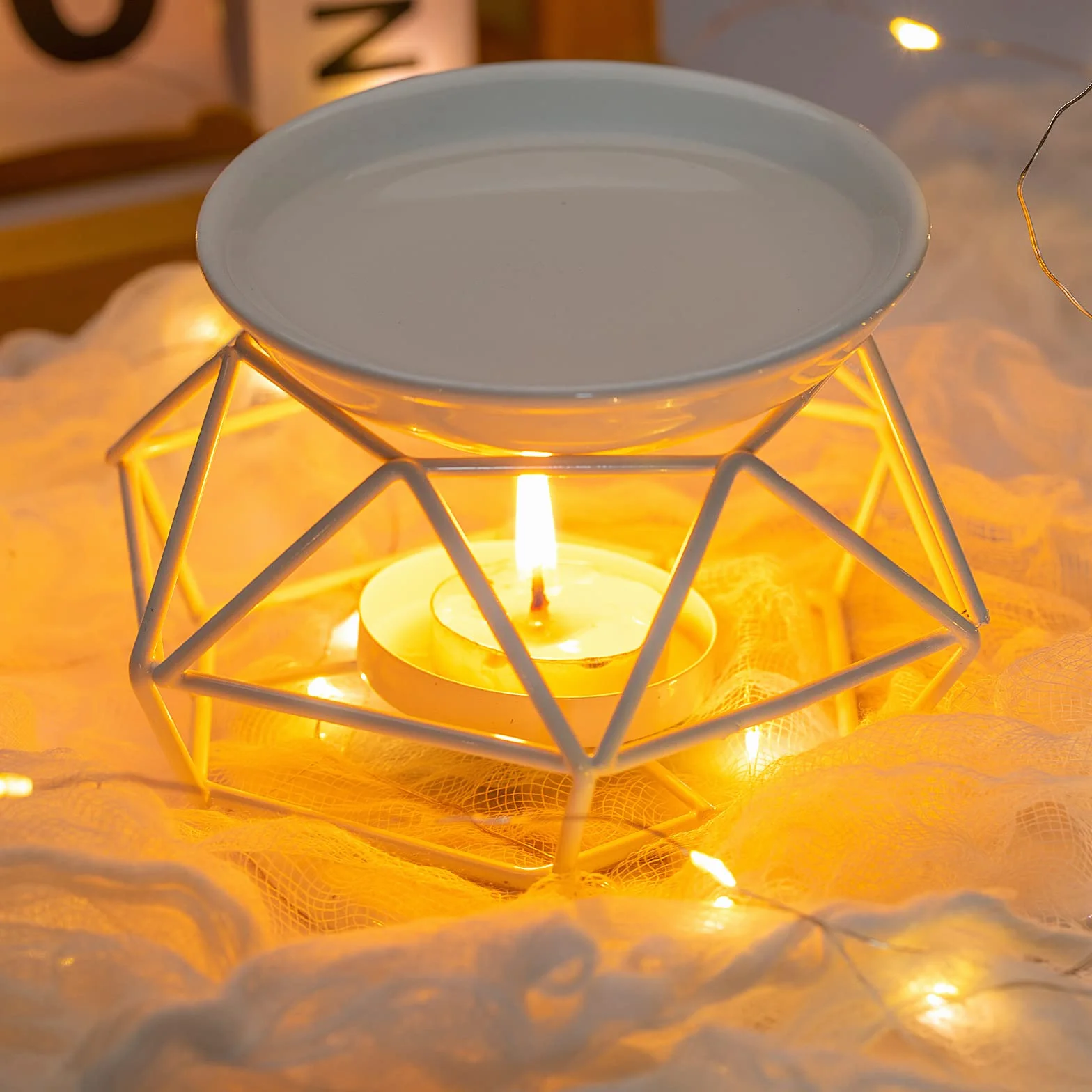 Lampe à Bougie Parfumée Métal Support Bougie Chauffe-Plat Blanc