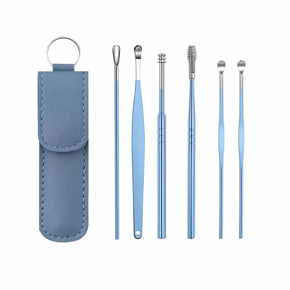Nettoyeur d'Oreille en Acier Inoxydable, Kit 6 Pièces pour Cérumen, Cuillère à Oreille Portable