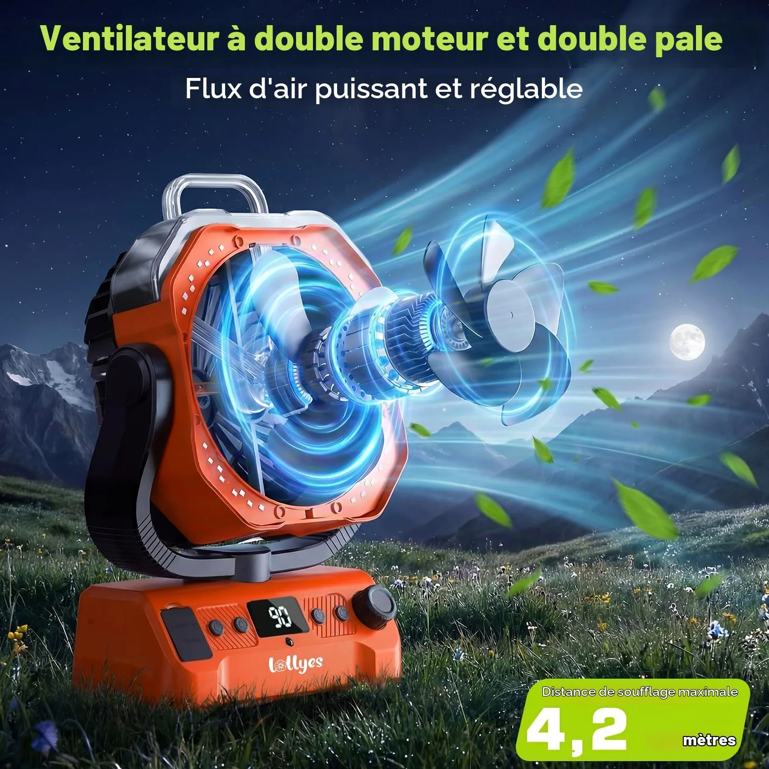 Lolleys Ventilateur Brumisateur de Camping 20000mAh, Ventilateur Portable Rechargeable avec Télécommande, Double Moteur, Crochet 360°, Vitesse Variable pour Extérieur Pêche Camping-car Plage, Orange
