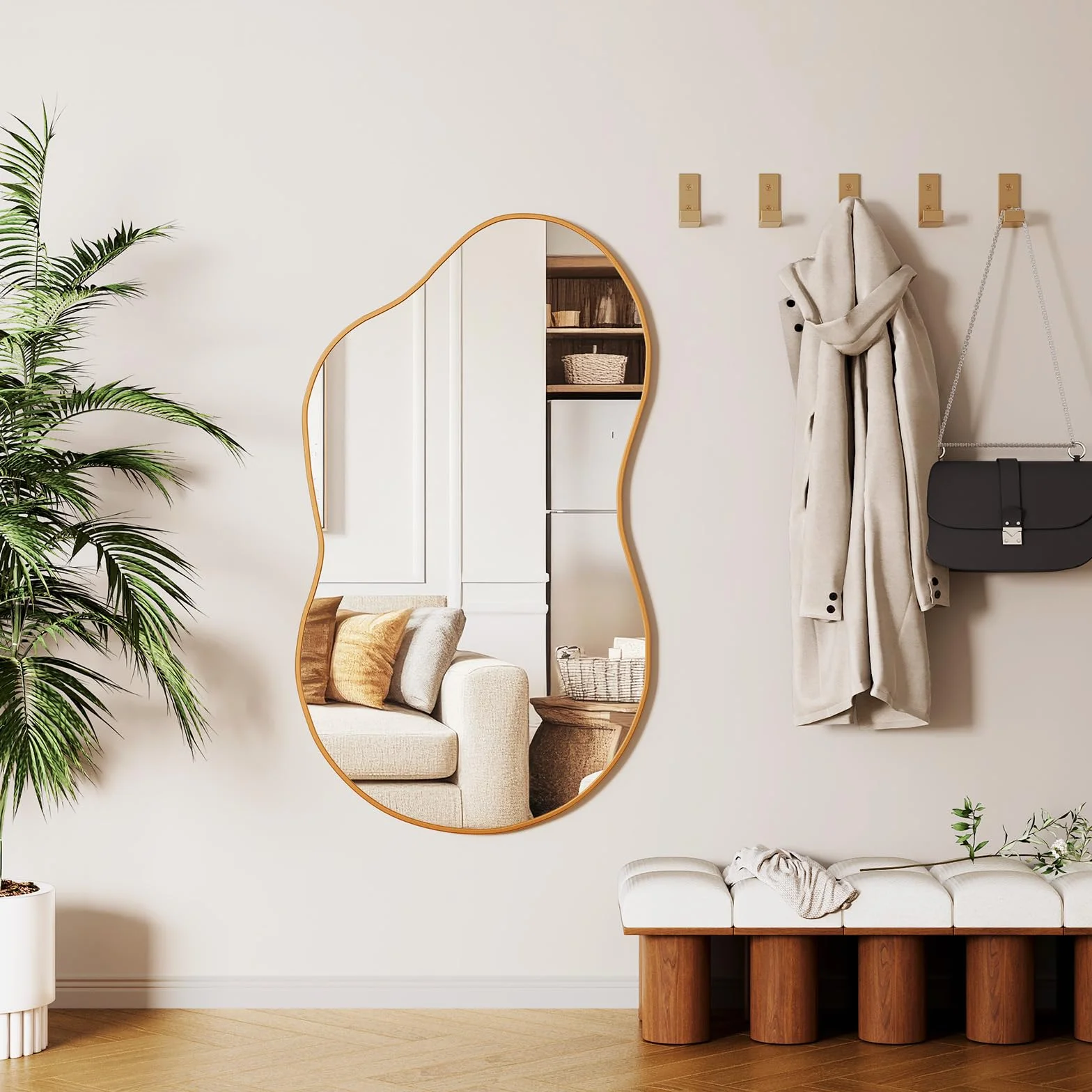 Miroir asymétrique 50x91 cm verre trempé cadre aluminium doré MAMIZO