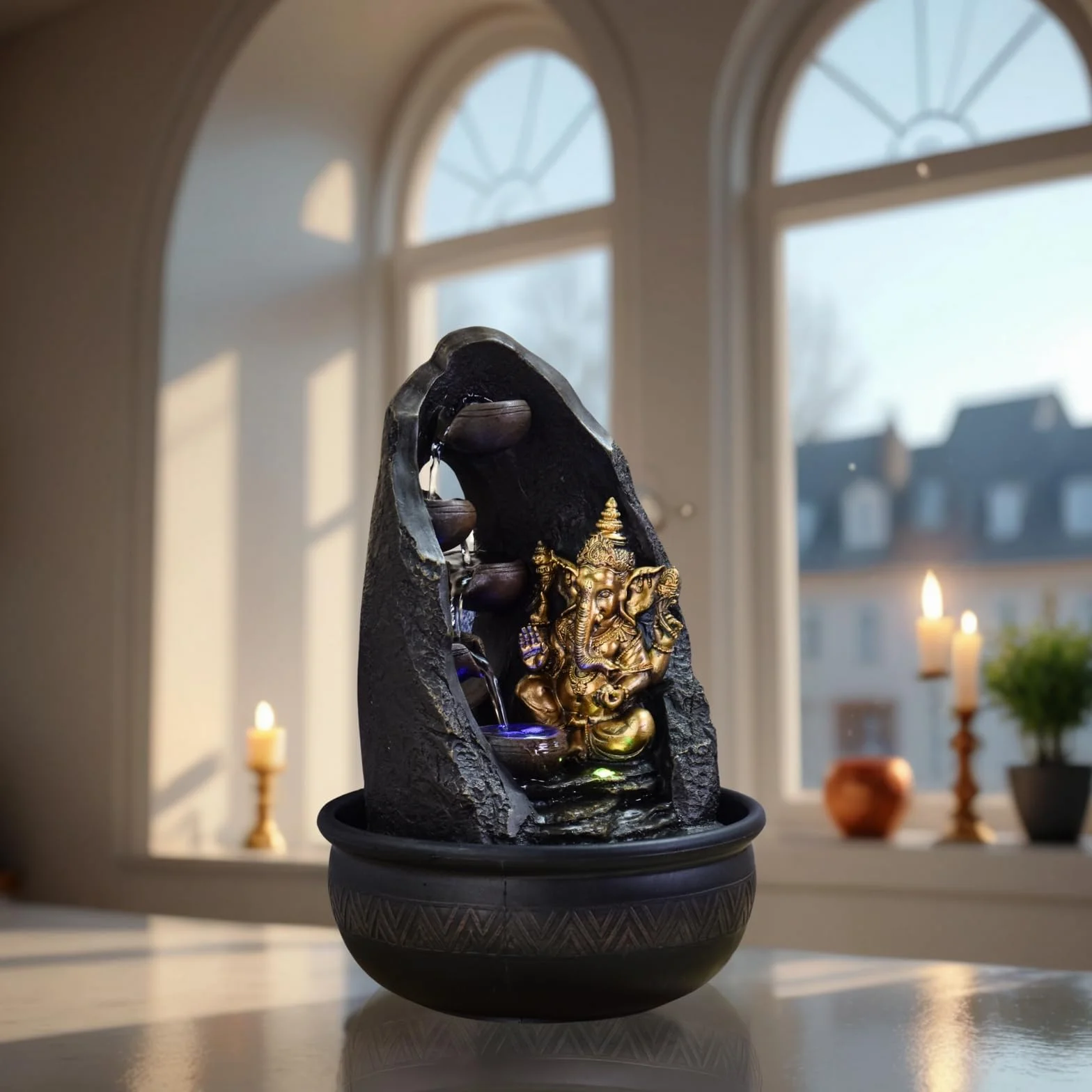 Fontaine d'Intérieur Bouddha Ganesh avec Lumière LED Colorée Feng Shui Zen H 40cm Mystic Zen'Light