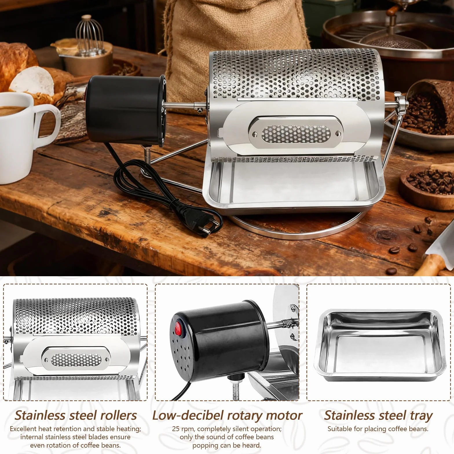 Torréfacteur à Café électrique Automatique Tambour 250g Acier Inoxydable