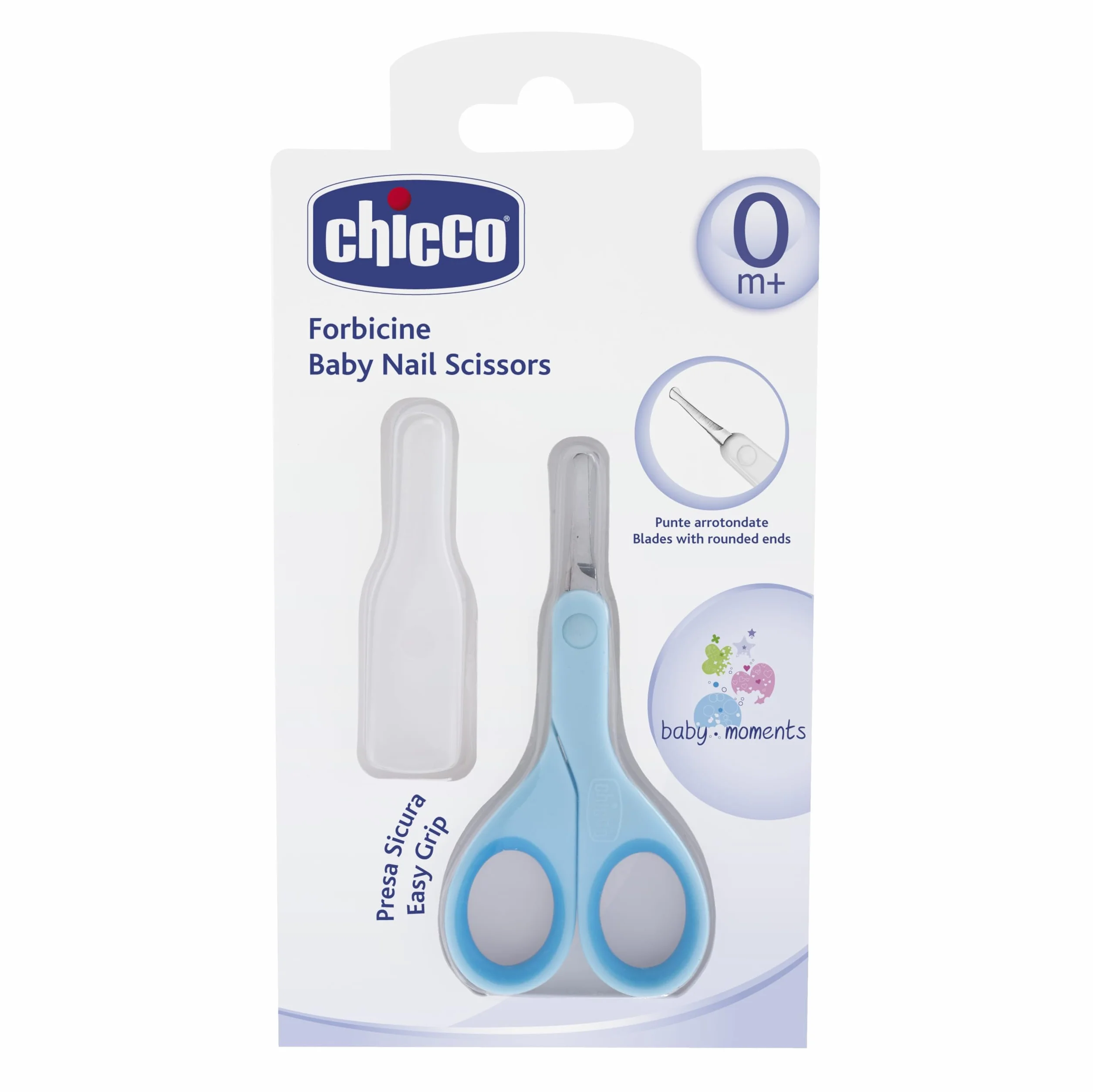 Chicco Ciseaux à ongles bébé acier inoxydable lames incurvées bouts arrondis capuchon protection poignée caoutchouc antidérapante 0+ mois Bleu