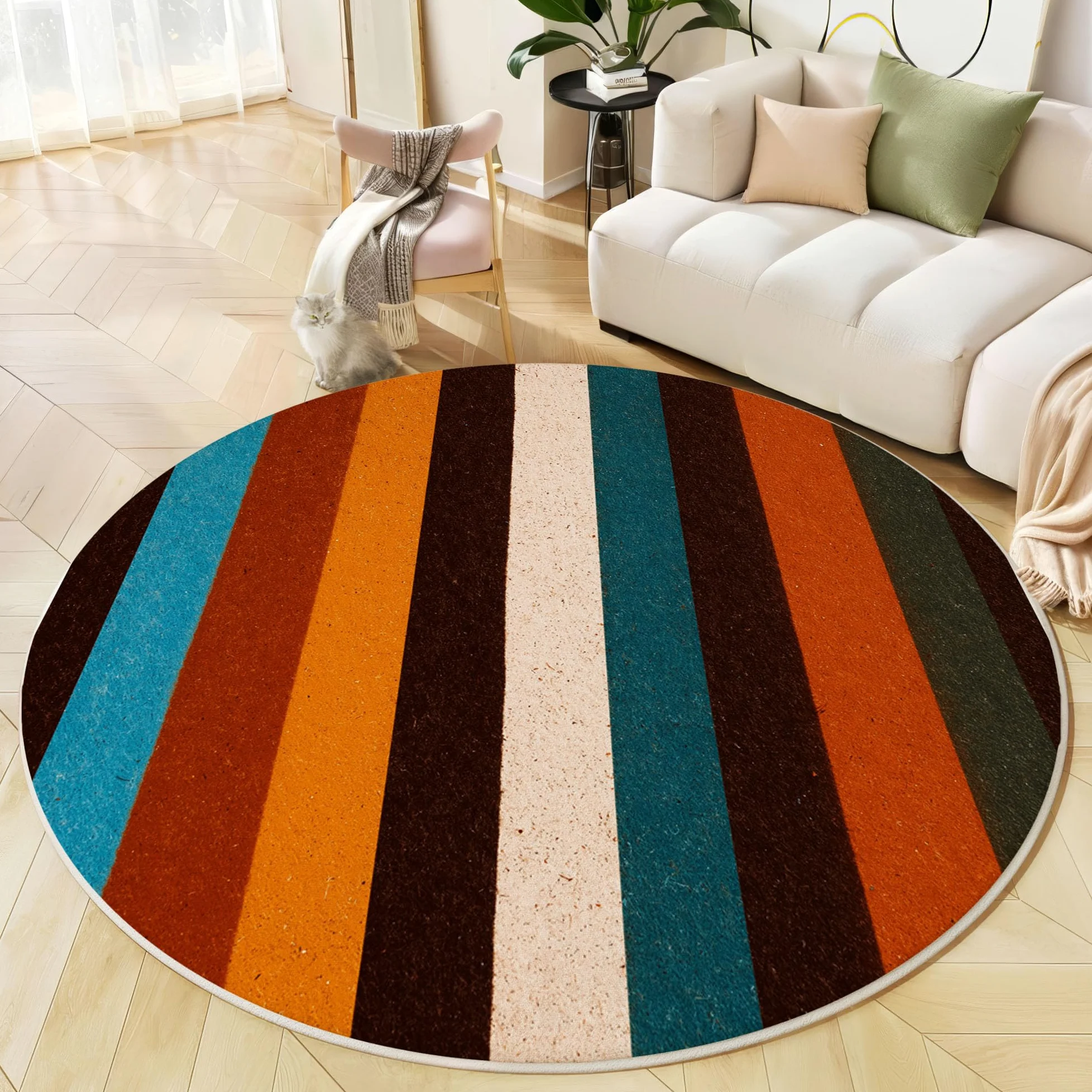 Tapis Rond De Chambre 120 Cm - Patchwork Rayé Rétro Terracotta - Motif Géométrie Simple - Moelleux Et Antidérapant - Tapis De Salon À Poils Courts - Lavable - Moderne Et Doux