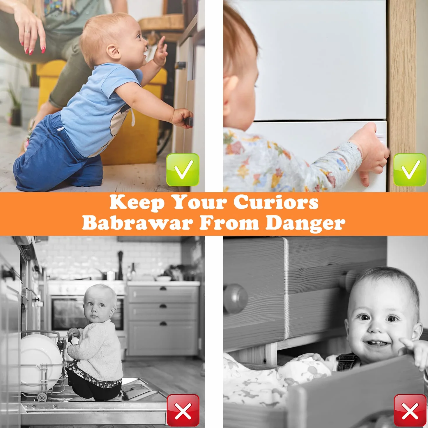 Lot de 4 serrures de sécurité pour enfants avec clé magnétique, serrure de tiroir invisible sans perçage