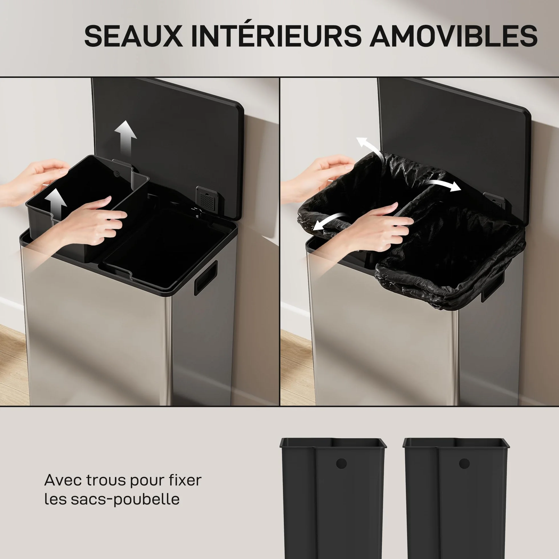 HOMCOM Poubelle double compartiment 2x30L acier inoxydable cuisine pédale tri sélectif