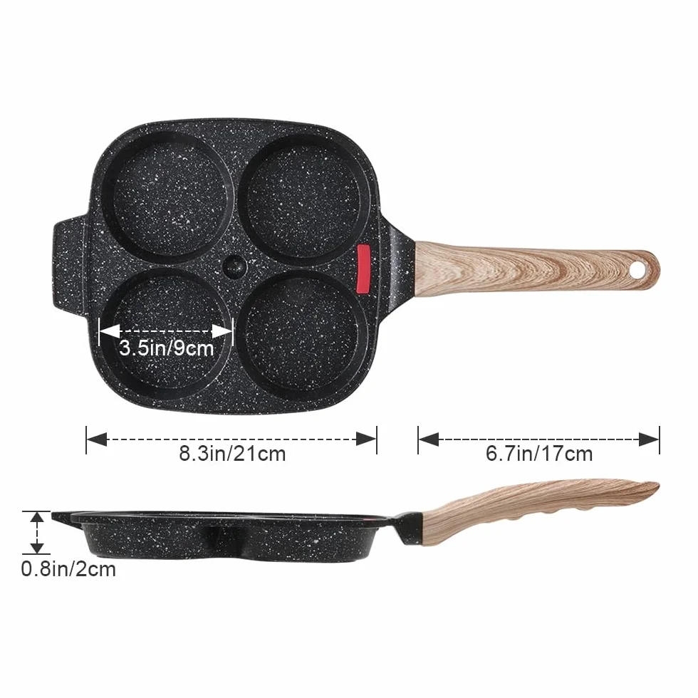 Poêle à 4 Emplacements Antiadhésive en Aluminium pour Petit-déjeuner, Gaz et Induction (Noir)