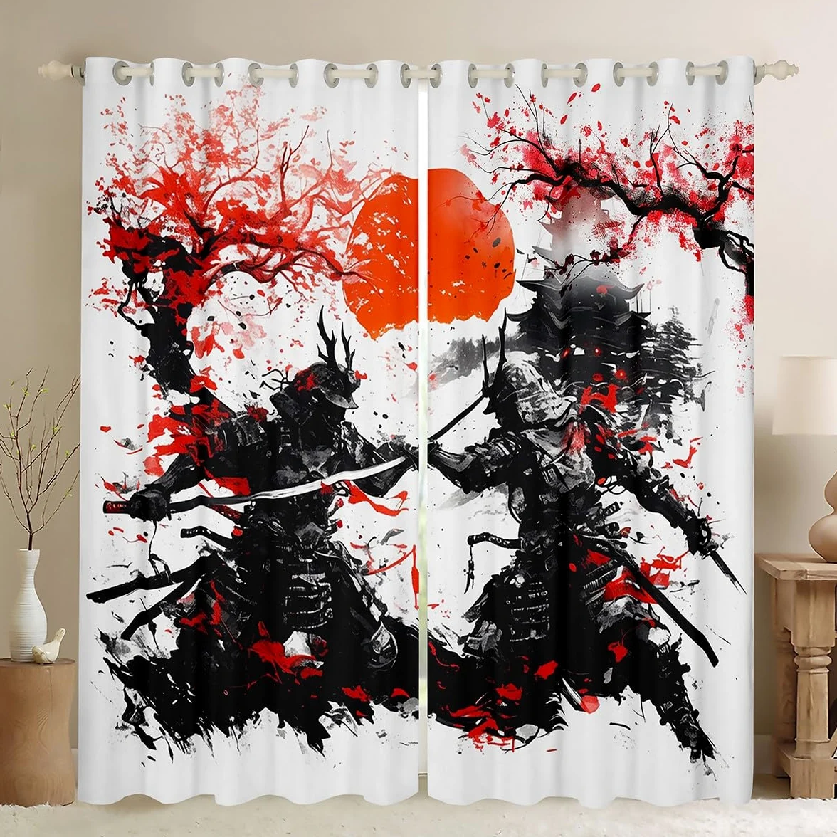 Rideaux de fenêtre samouraï japonais, aquarelle rouge fleurs de cerisier rideaux de décoration d'intérieur, tournesols peinture à l'encre noire, rideaux de fenêtre durables pour enfants