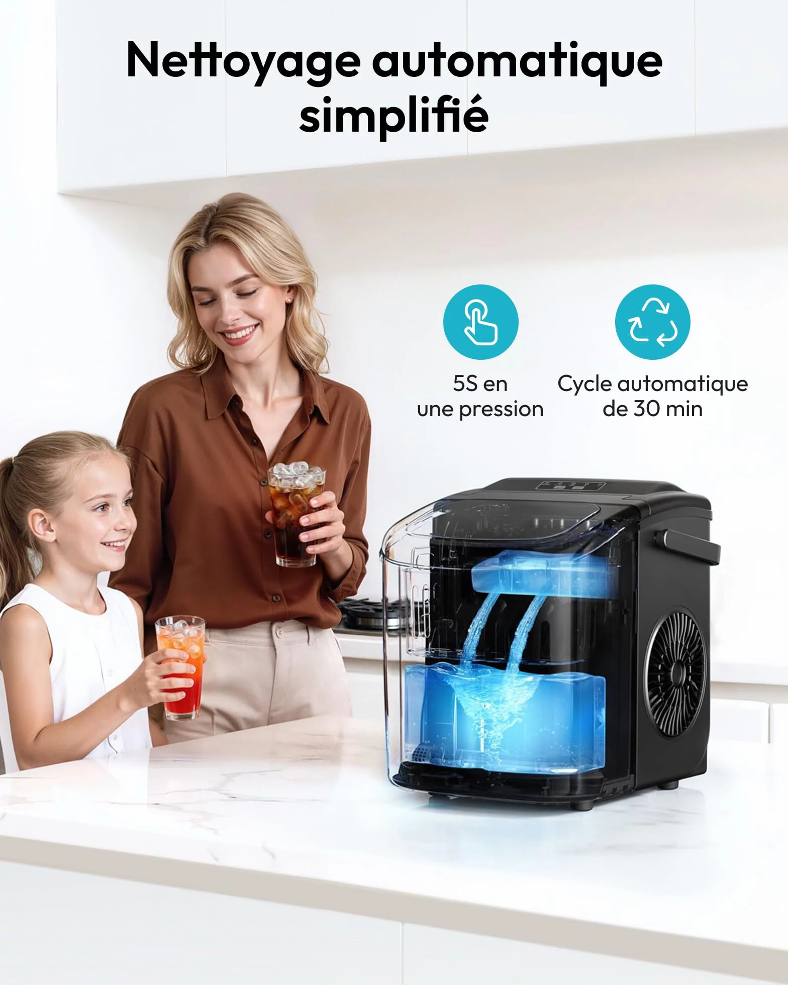 EUHOMY Machine à Glaçons, 9 Glaçons en 6 Minutes, Auto-Nettoyante, 12 Kg/Jour, Ice Maker Noir