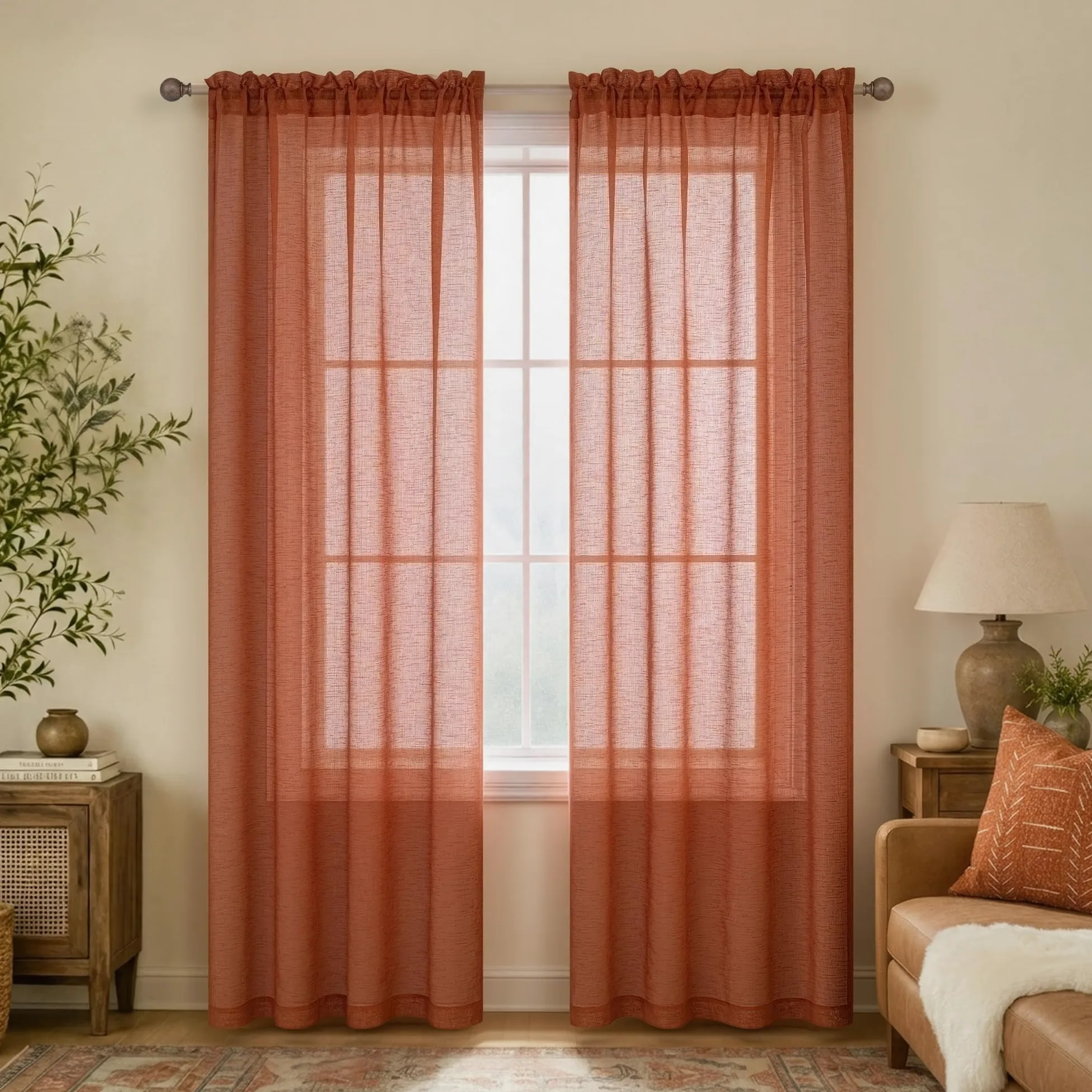 Lot de 2 Rideaux Semi-Transparents en Lin synthétique avec Passe-Tringle pour Chambre à Coucher et Chambre à Coucher (Terre Cuite) – 213 x 213 cm de Long – Orange brûlé