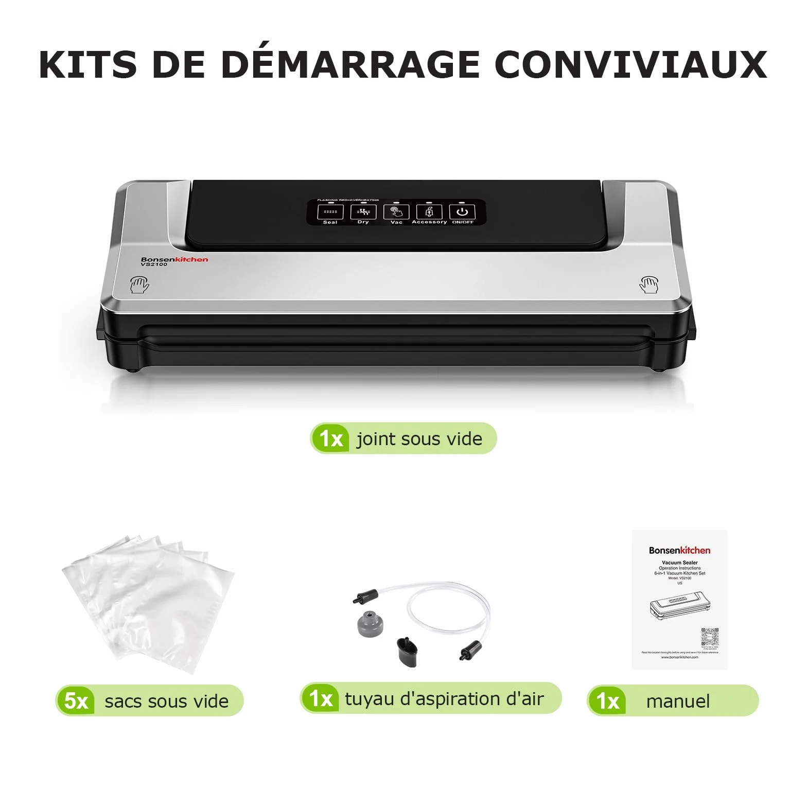 Bonsenkitchen Machine Sous Vide Alimentaire avec 5 Sacs Sous Vide