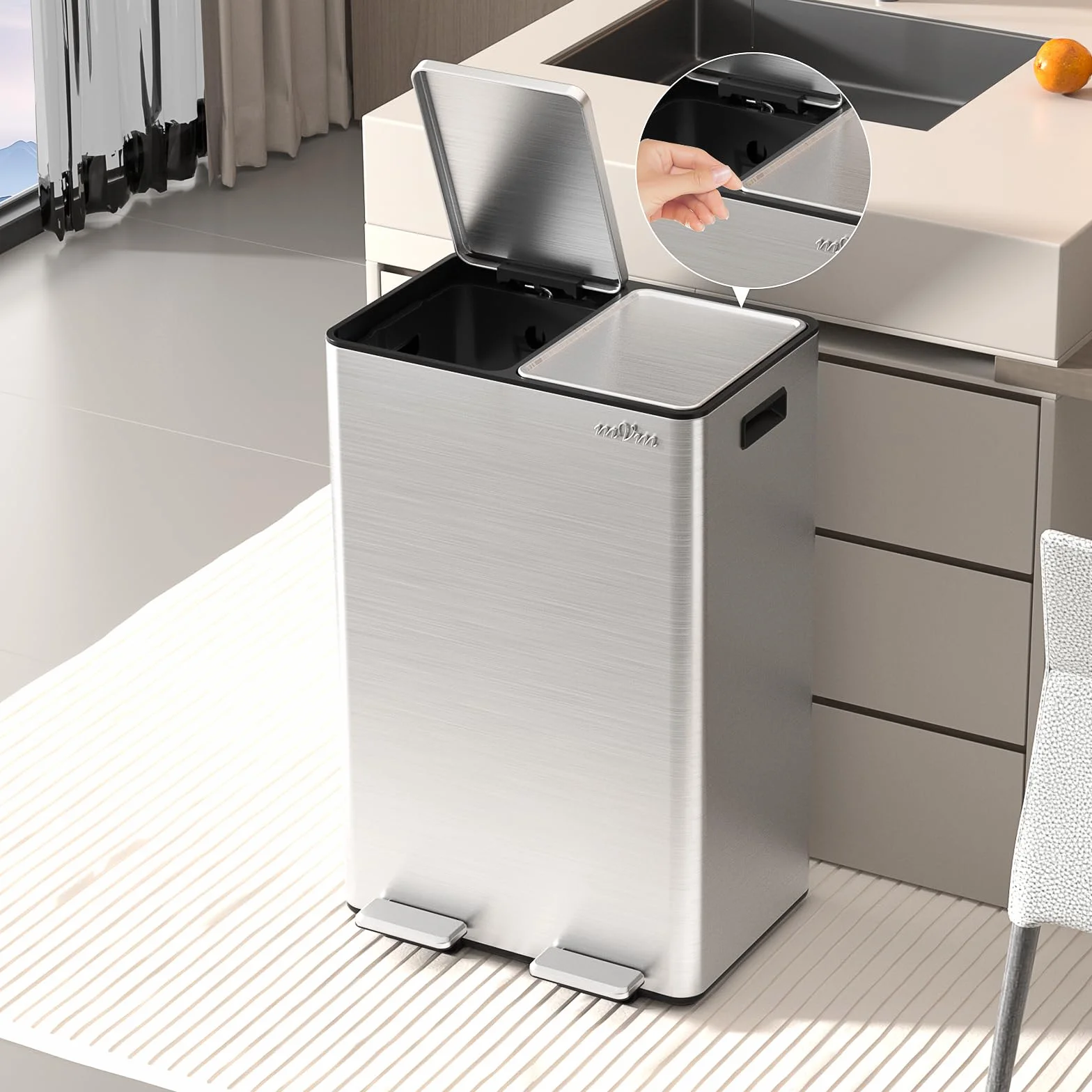 Poubelle de Cuisine Acier Inoxydable 2 x 30 Litres Recyclage à Pédales