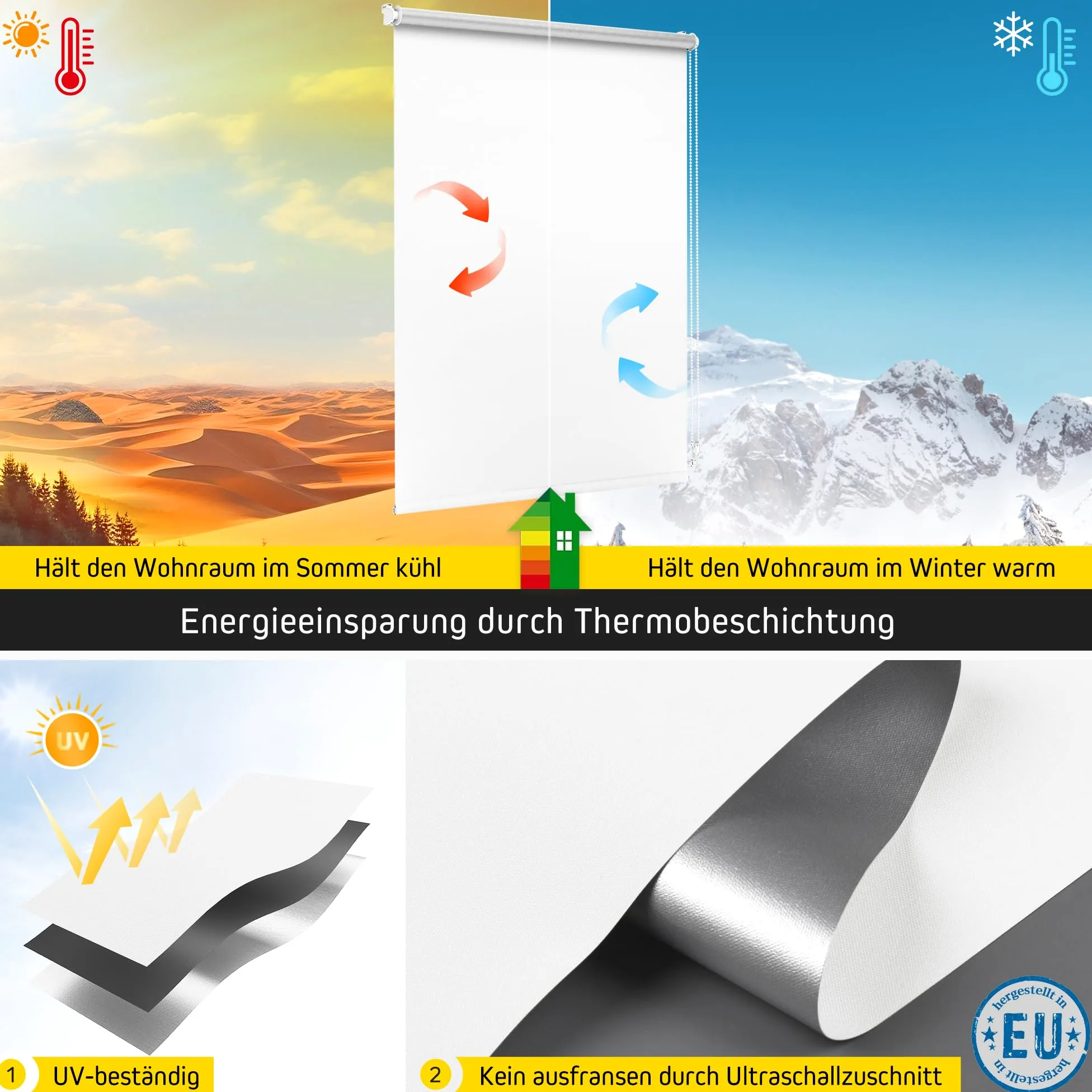Jalousiescout Store Thermique sans perçage, Store á Fixation á la Pince avec revêtement Thermique, Store d'obscurcissement, Protection Solaire Protection visuelle, 60 x 220 cm, Blanc