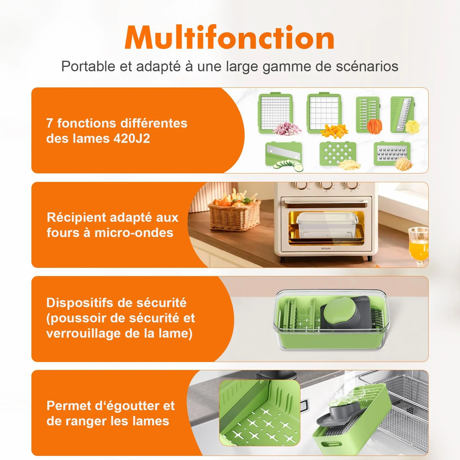 Ibergrif M524-7 Mandoline de Cuisine Professionnelle 8 en 1 Coupe-Légumes Multifonctions avec Bac Collecteur