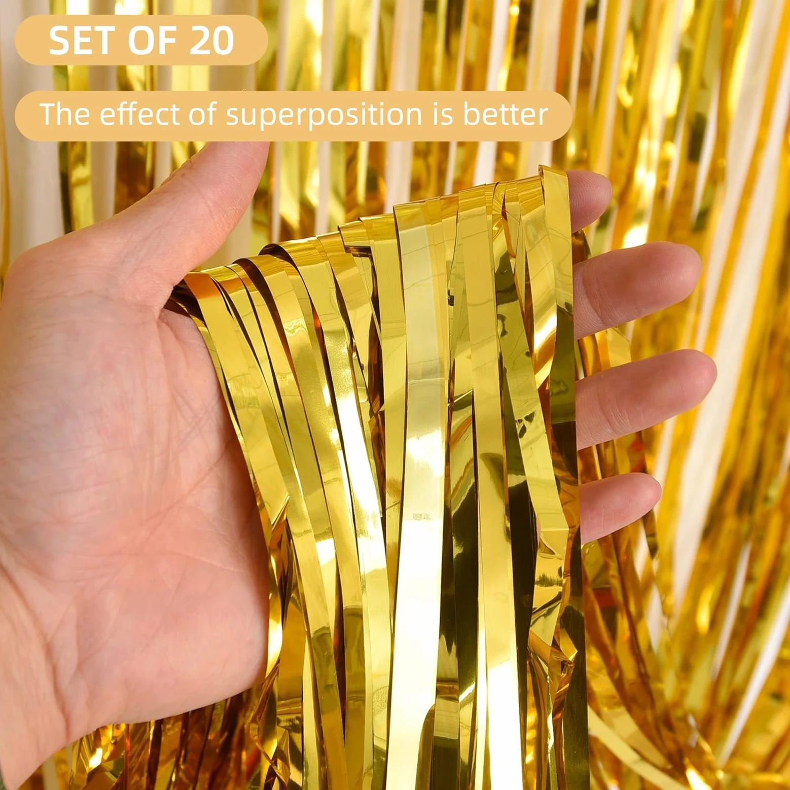 Lot de 20 rideaux à franges en feuille d'or de 1 x 3 m - Rideaux à franges en feuille dorée métallique pour décoration de fête d'anniversaire, fiançailles, enterrement de vie de jeune fille