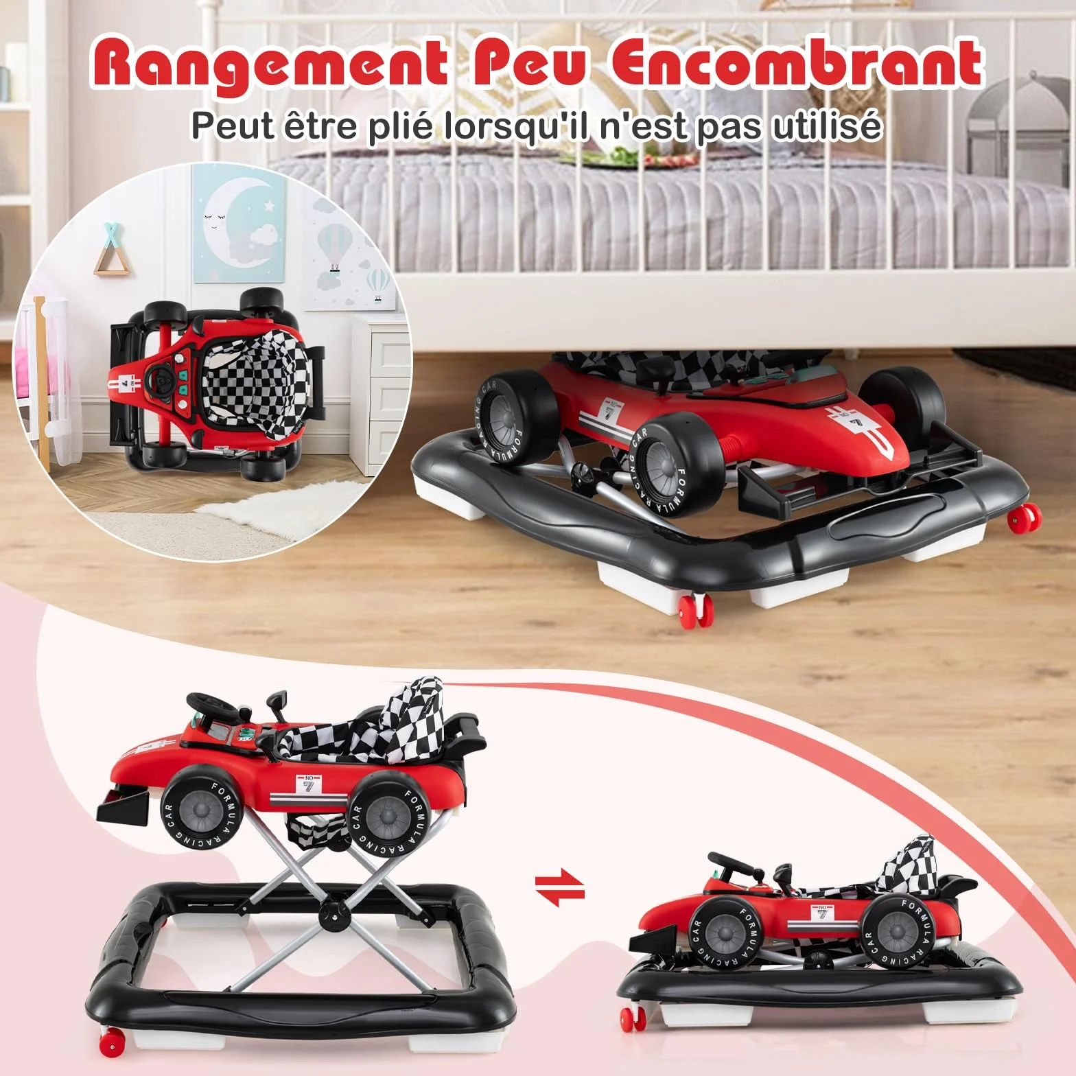 COSTWAY Trotteur Bébé Garçon Fille 3 Hauteur Réglable Pliable Évolutif Boîte à Musique Amovible Volant Roues Silencieuses Charge 12kg 6-18 Mois