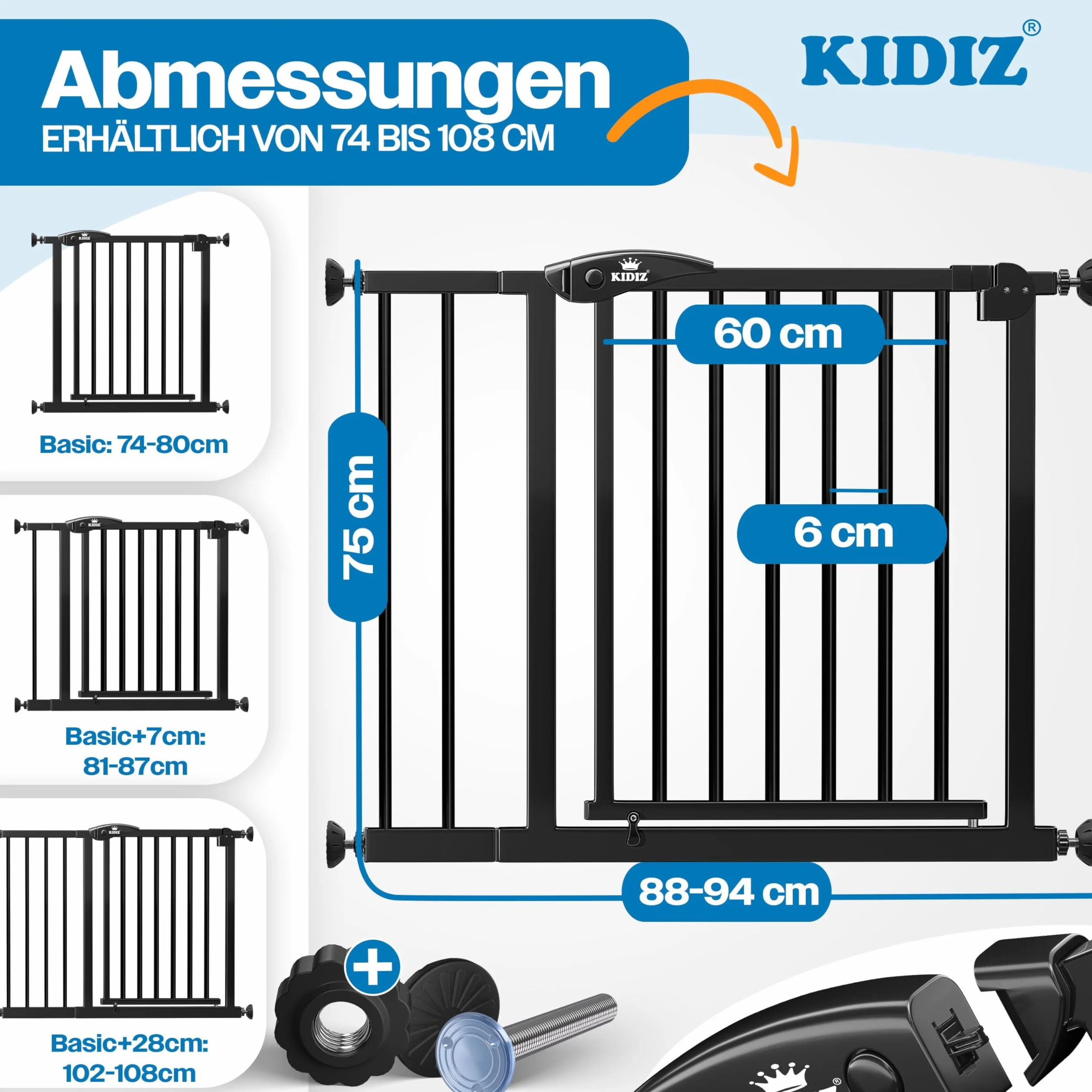 Barrière de sécurité d'escalier KIDIZ sans perçage 88-94 cm 75 cm pour enfants et chiens ouverture une main