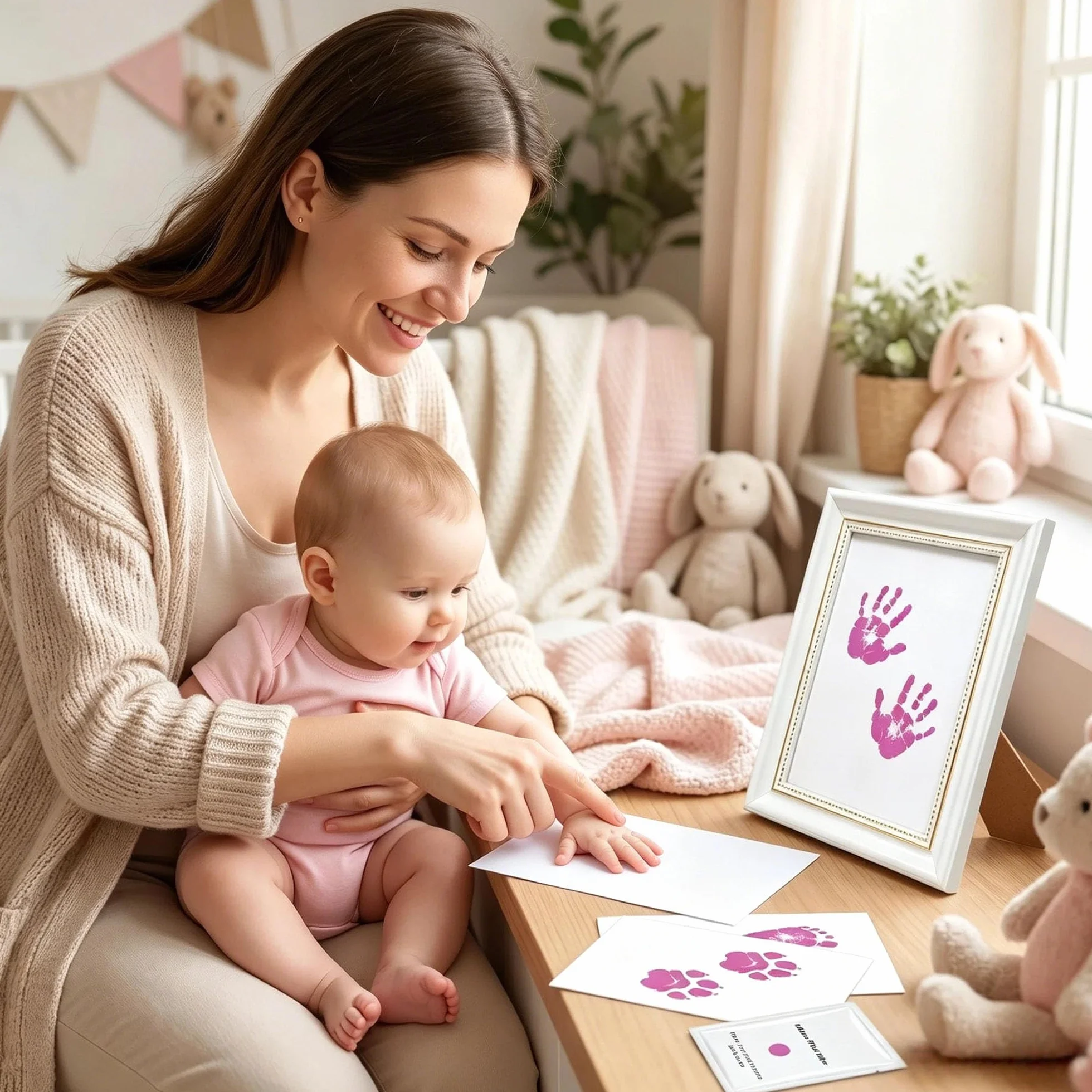 Kit Empreinte Bébé Pieds et Mains Clean Touch Encreur Sans Kits Nouveau-Nés avec 1 Cadre Photo Rose