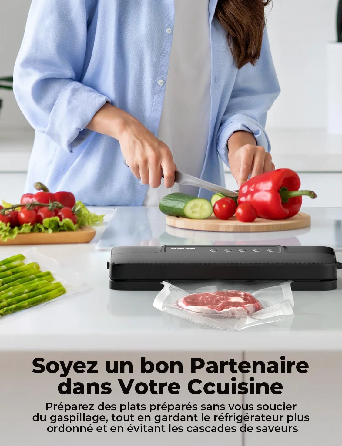 Machine Sous Vide Alimentaire 5 en 1, Appareil Sous Vide avec Mode Sec et Humide, 10 Sacs Inclus, Noir