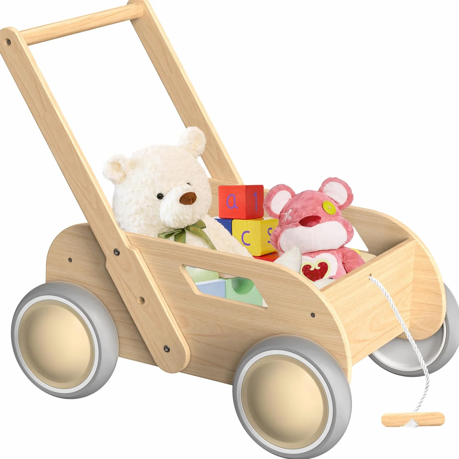 Trotteur Bébé en Bois, Chariot de Marche pour Garçons et Filles, Baby Walker avec Roues, Cadeau Anniversaire Noël
