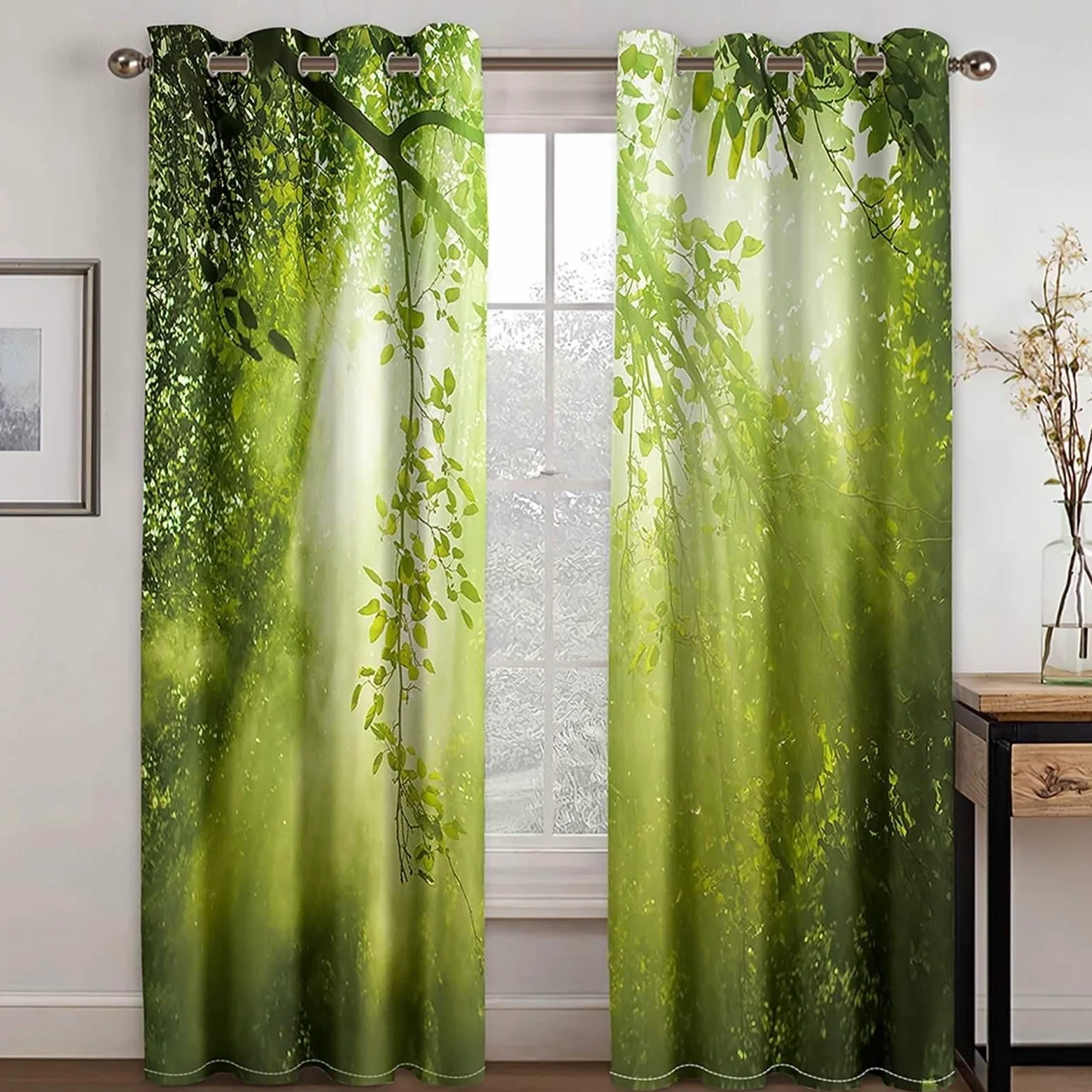 Rideau Stof Polyester, Rideau Anniversaire Vert Branches et Soleil Décoration Chambre Salon 102L x 214H CM Lot de 2