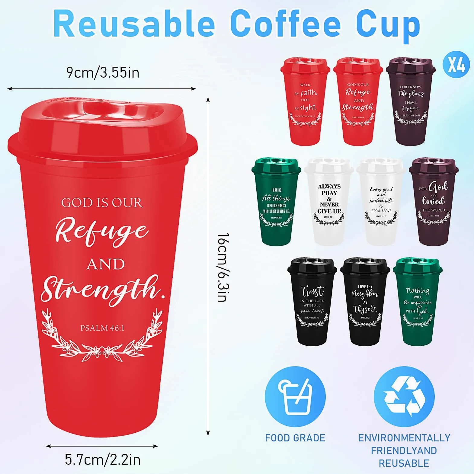 Lot de 40 tasses à café chrétiennes réutilisables de 473,6 g, verset de la Bible religieux en plastique avec couvercles, tasse à café de voyage pour boissons froides, cadeaux chrétiens pour homme et