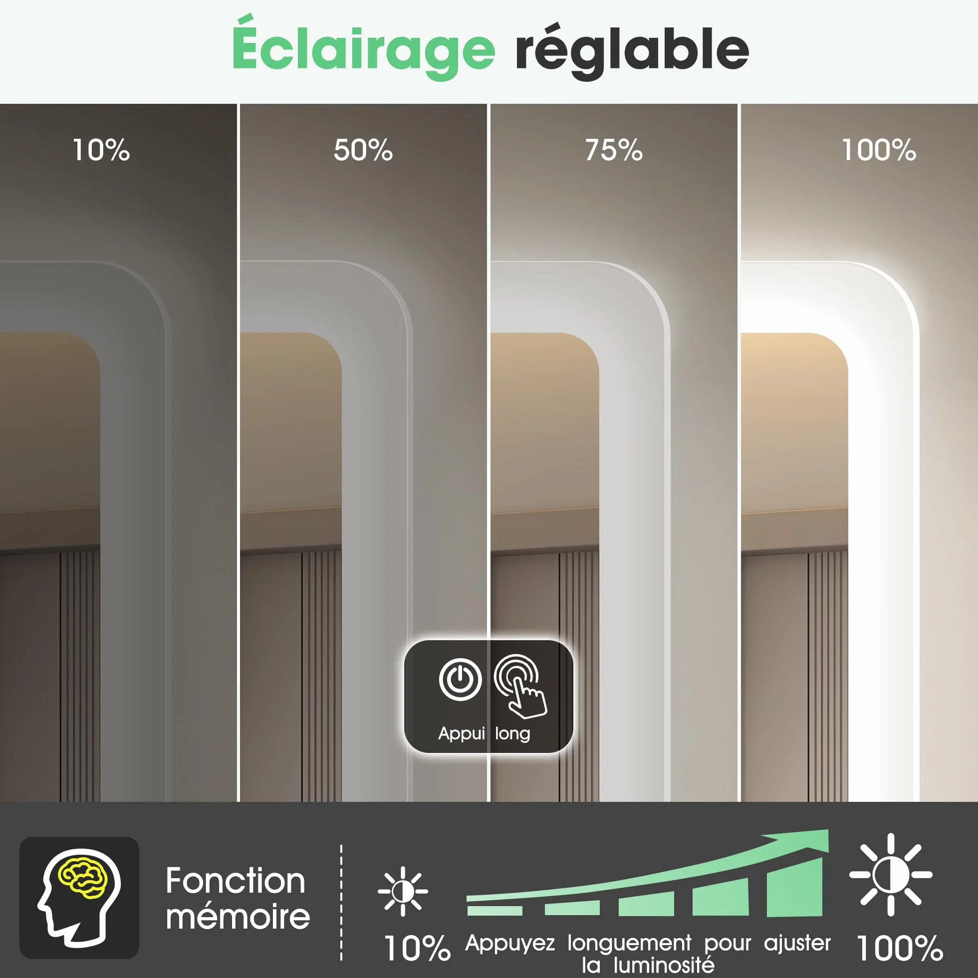 Miroir Salle de Bain LED 120x70cm Bluetooth Anti-buée IP44 Dimmable Mémoire Verre Trempé