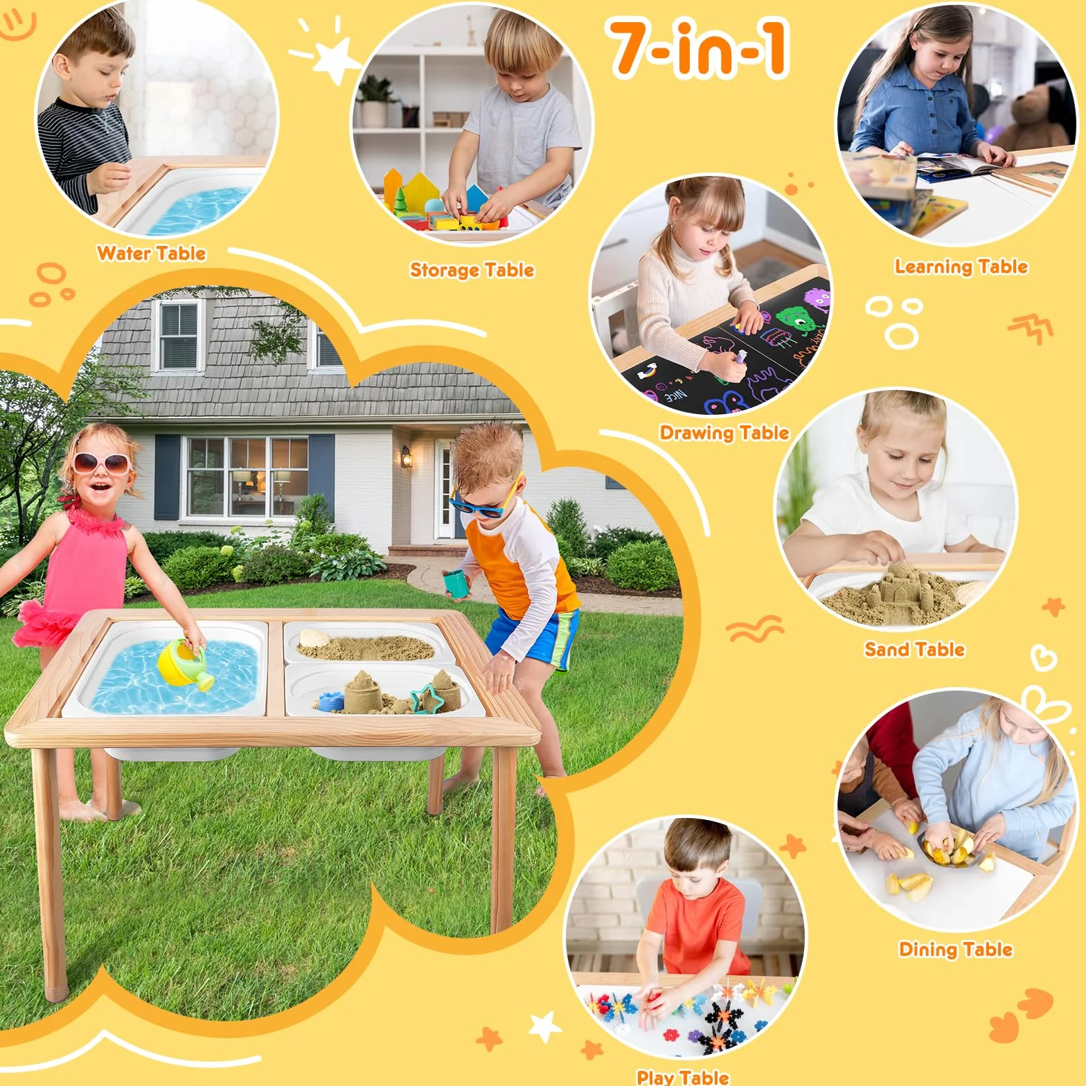 TERRAMUS Table pour Enfants, Table Sensorielle en Bois avec 3 Bacs de Rangement, Table d'eau et de Sable avec Couvercles Intérieure et Extérieure, Table d'activités pour Apprendre, Manger, Jouer