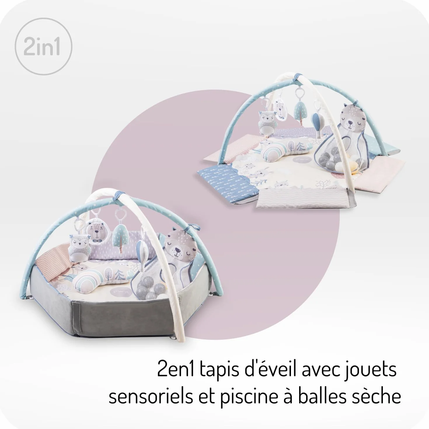 Arche de jeu MoMi PASTEL 3 en 1 avec tapis rampant, bain de balles, 5 jouets, 20 balles