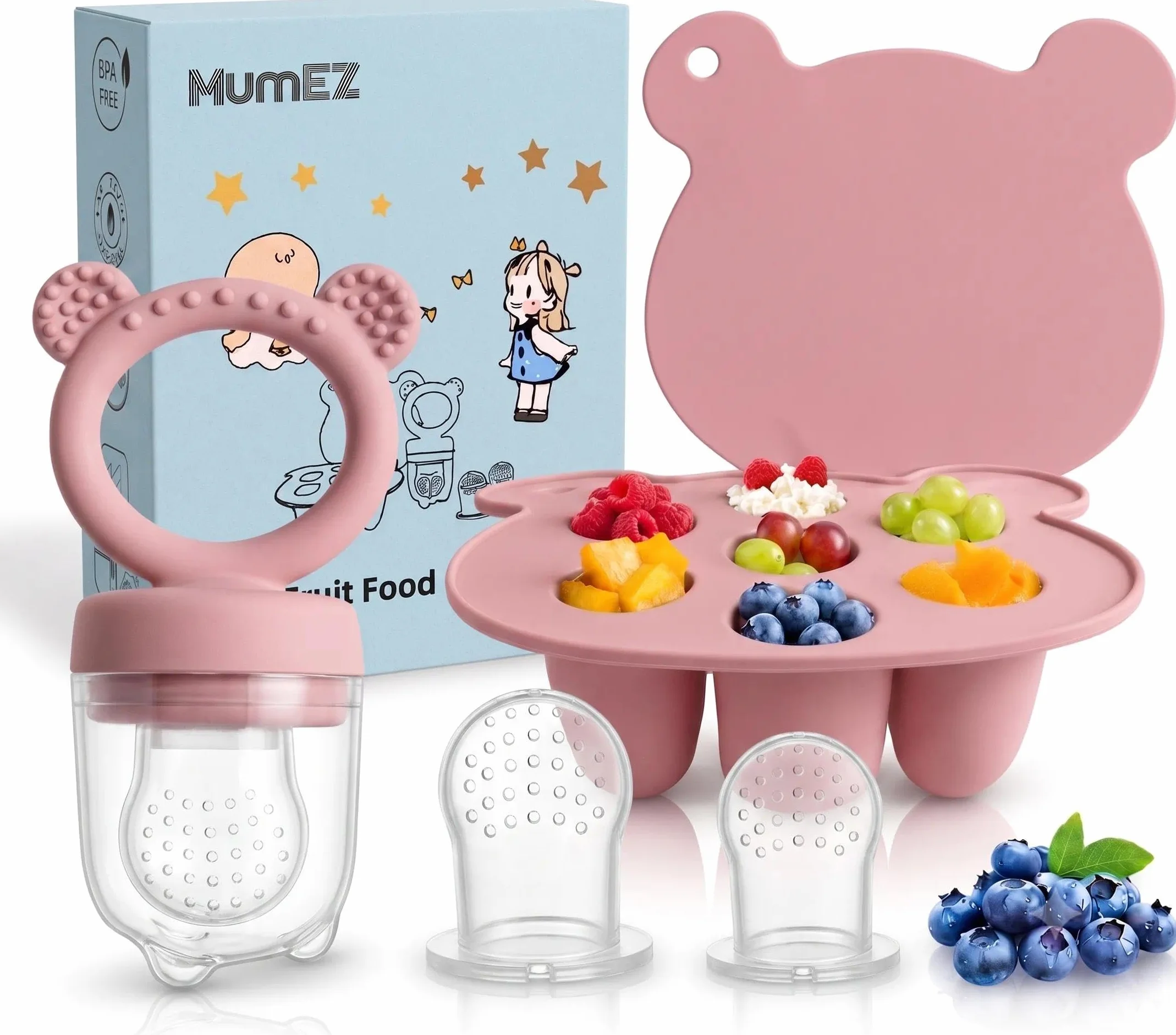 Mangeoire à Fruits pour bébé Grignoteuse avec Tétine Plateaux de Congélation Inclus Rose Poudre