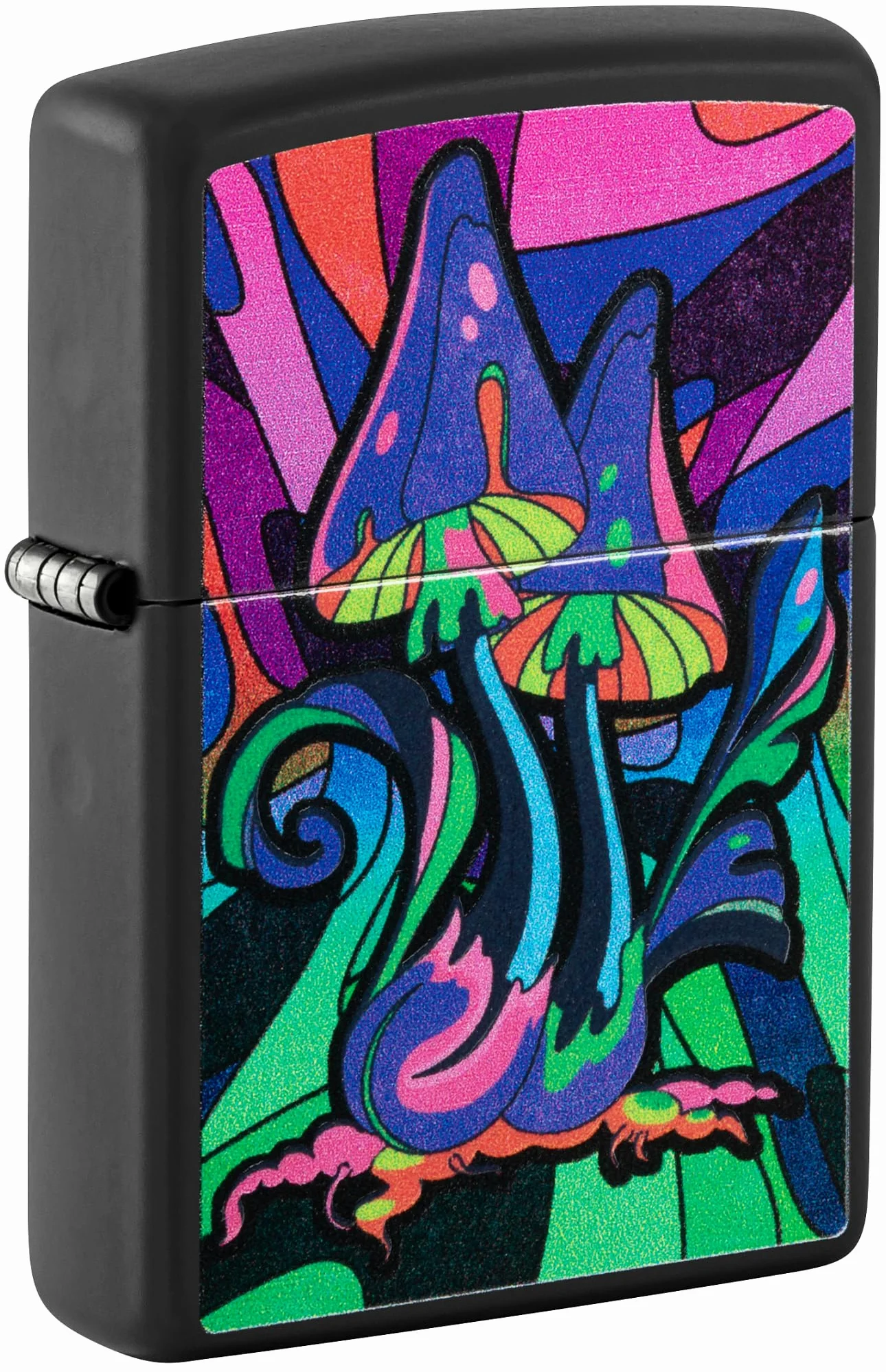 Zippo - Briquet Tempête Motif Champignons Psychédéliques Et Galaxie/Contre-Culture, Noir Mat, Lumière Noire, Rechargeable, Réutilisable, Coupe-Vent, Coffret Cadeau, Fabriqué Aux États-Unis