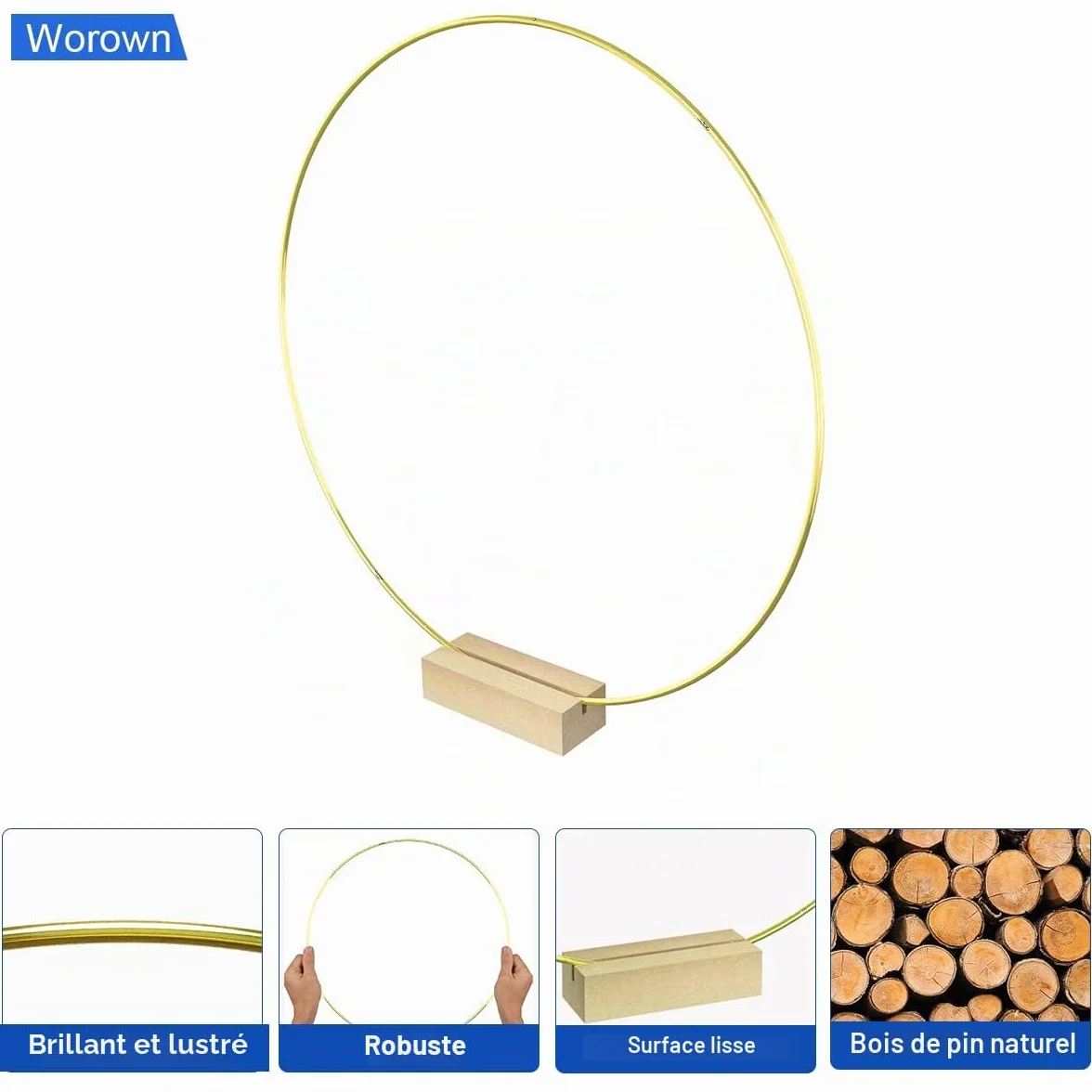 Lot de 6 centres de table en métal 20 cm avec support en bois, anneaux dorés pour décorations de mariage