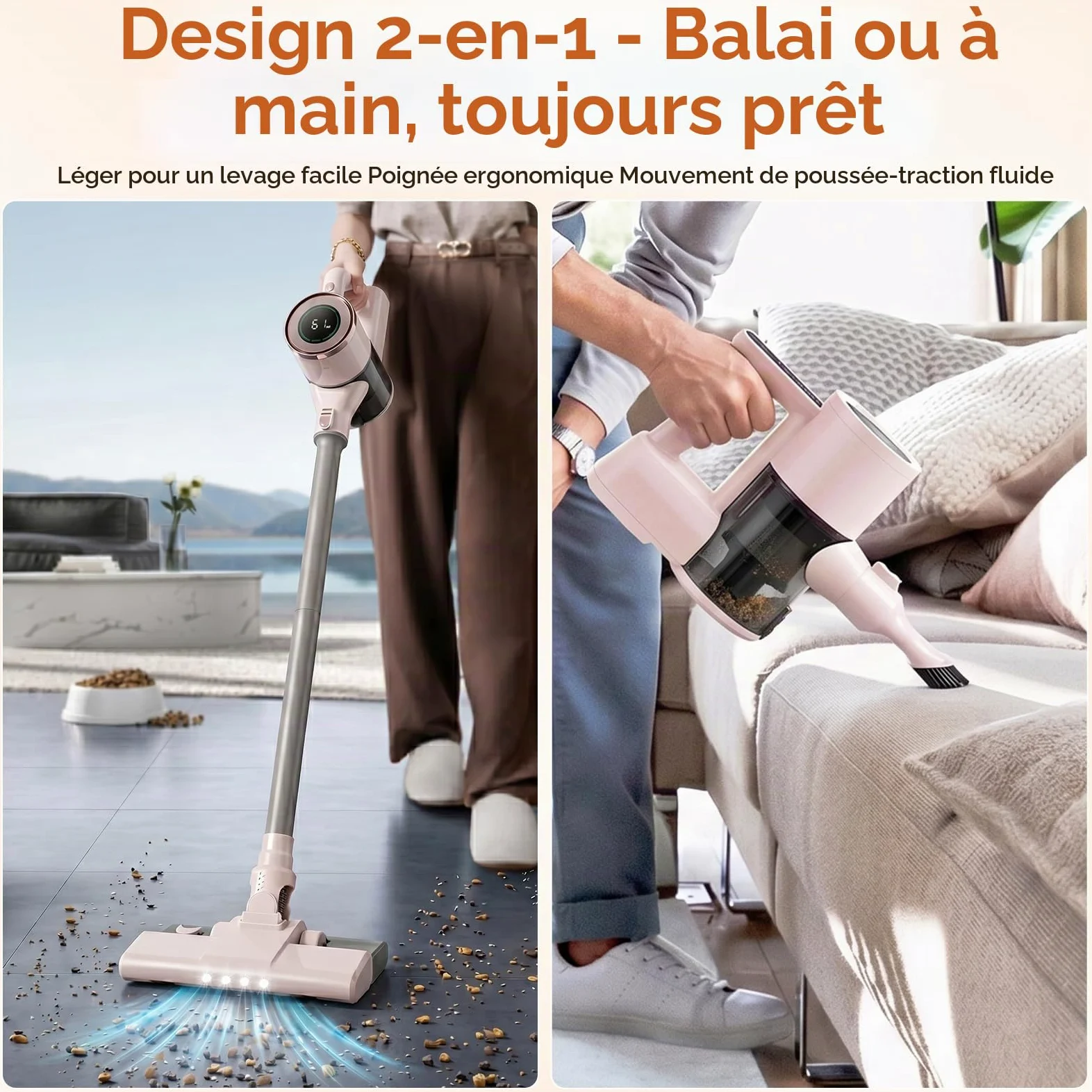 Aspirateur Balai sans Fil avec Fonction Serpillère, 2-en-1 Aspirateur Balai et Serpillère, Puissant 8000Pa, Autonomie 30 Min, Léger et Portatif pour Sols Durs, Tapis et Poils d'animaux