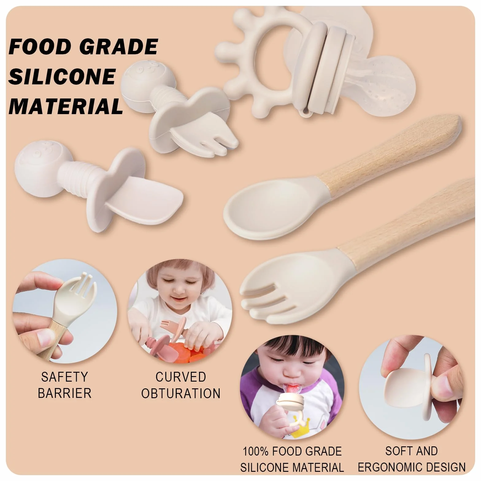 Coffret Repas Bebe Silicone Set Vaisselle Assiette Ventouse Bavoir Couverts Enfant Sevrage Manger Beige