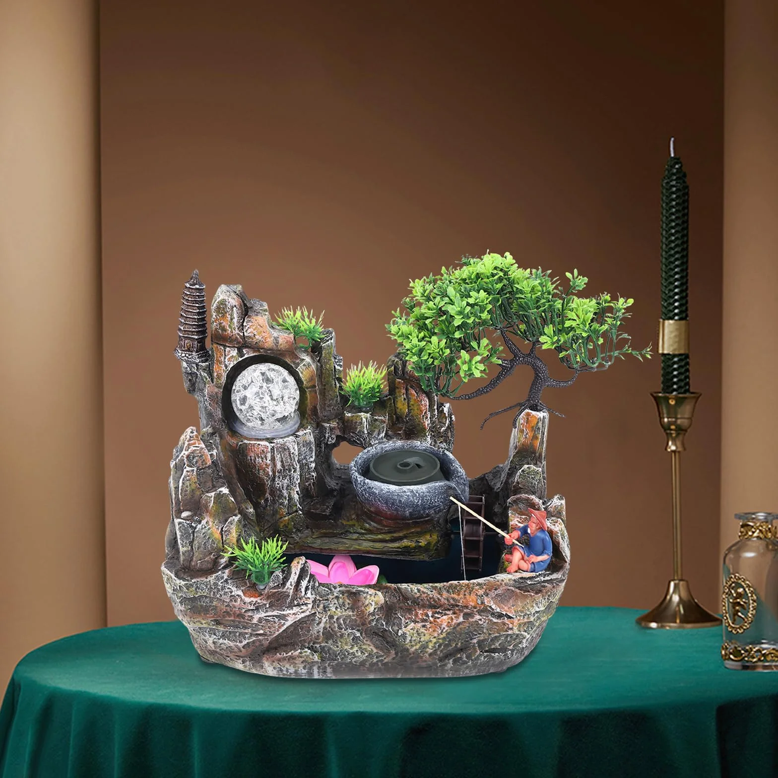Fontaine intérieur LED avec plante verte brouillard cascade table