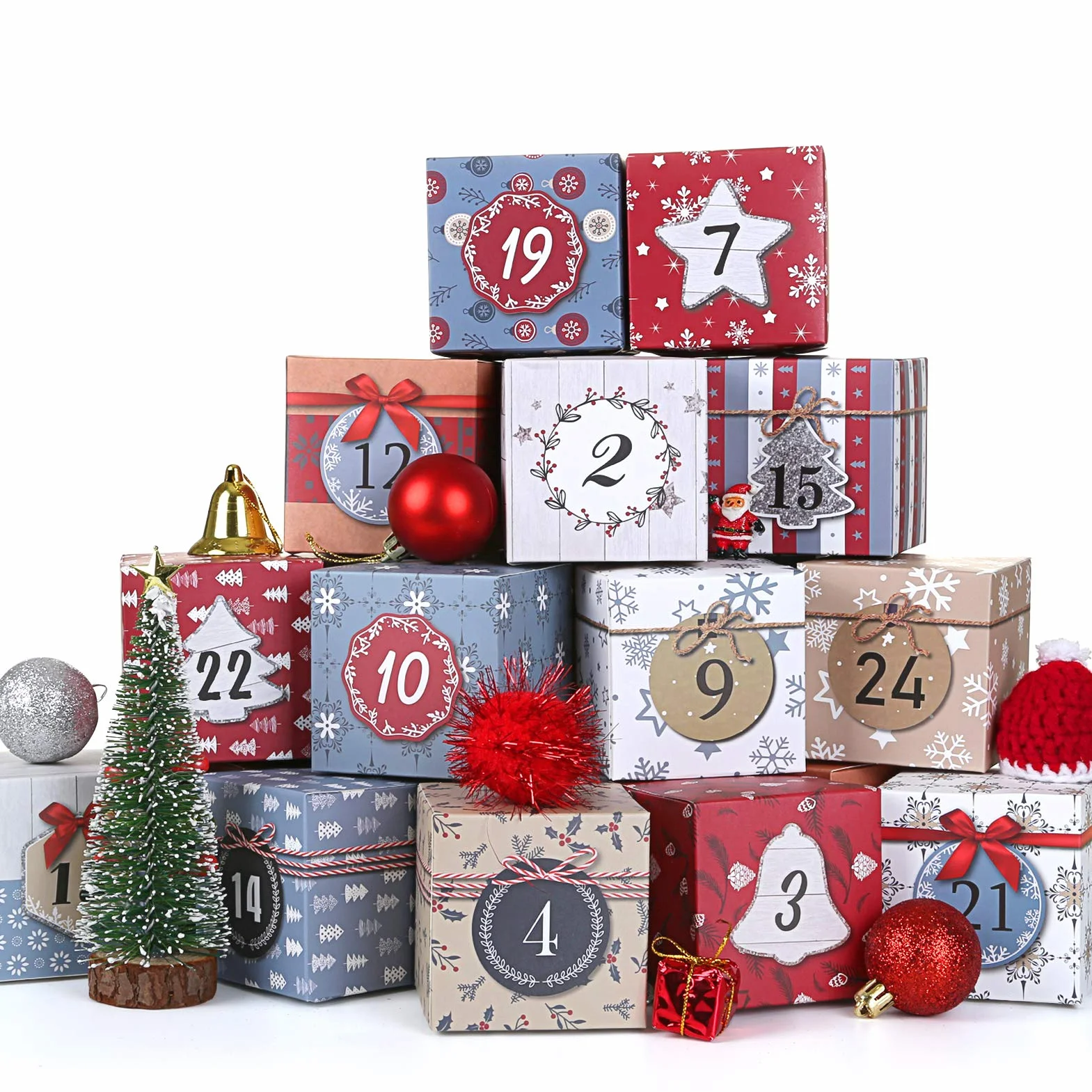 LIHAO Calendrier de l'Avent Vide 2024 24 Boîtes Sacs Papier Kraft Cadeau Noël 7x7x7 cm