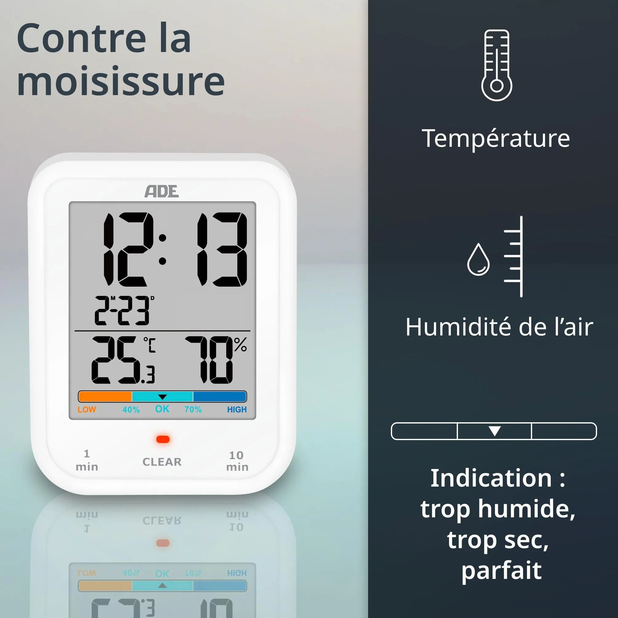 ADE Horloge de Salle de Bain Numérique avec Hygromètre et Thermomètre Étanche Grand Écran LCD