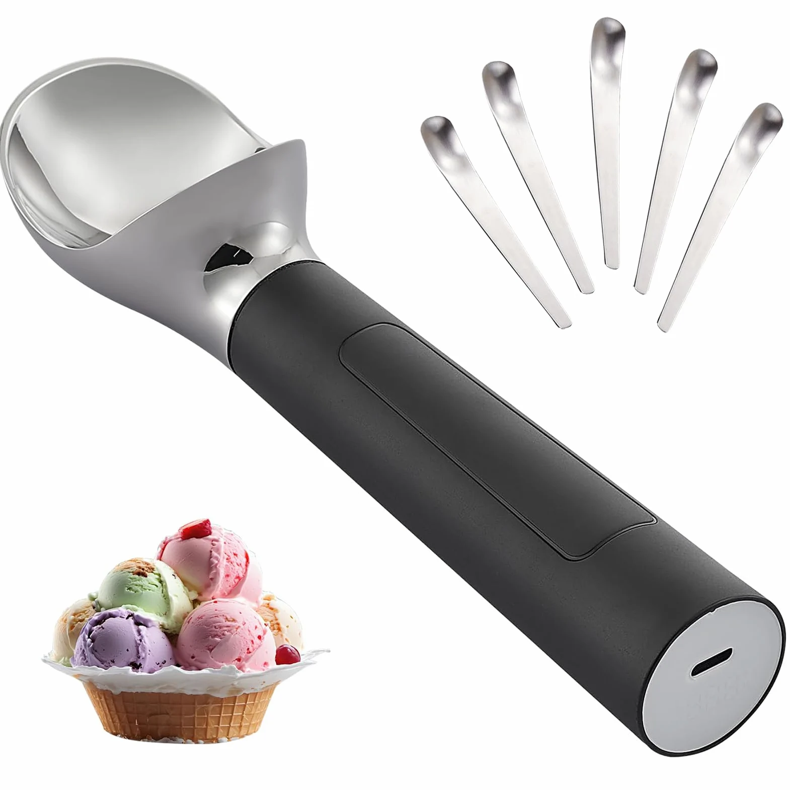 Cuillère à Glace chauffante Intelligente 2000 mAh, thermostatique et chauffante, avec écran LCD numérique et 5 cuillères à Dessert, étanche IP67, Interrupteur Automatique à détection Black