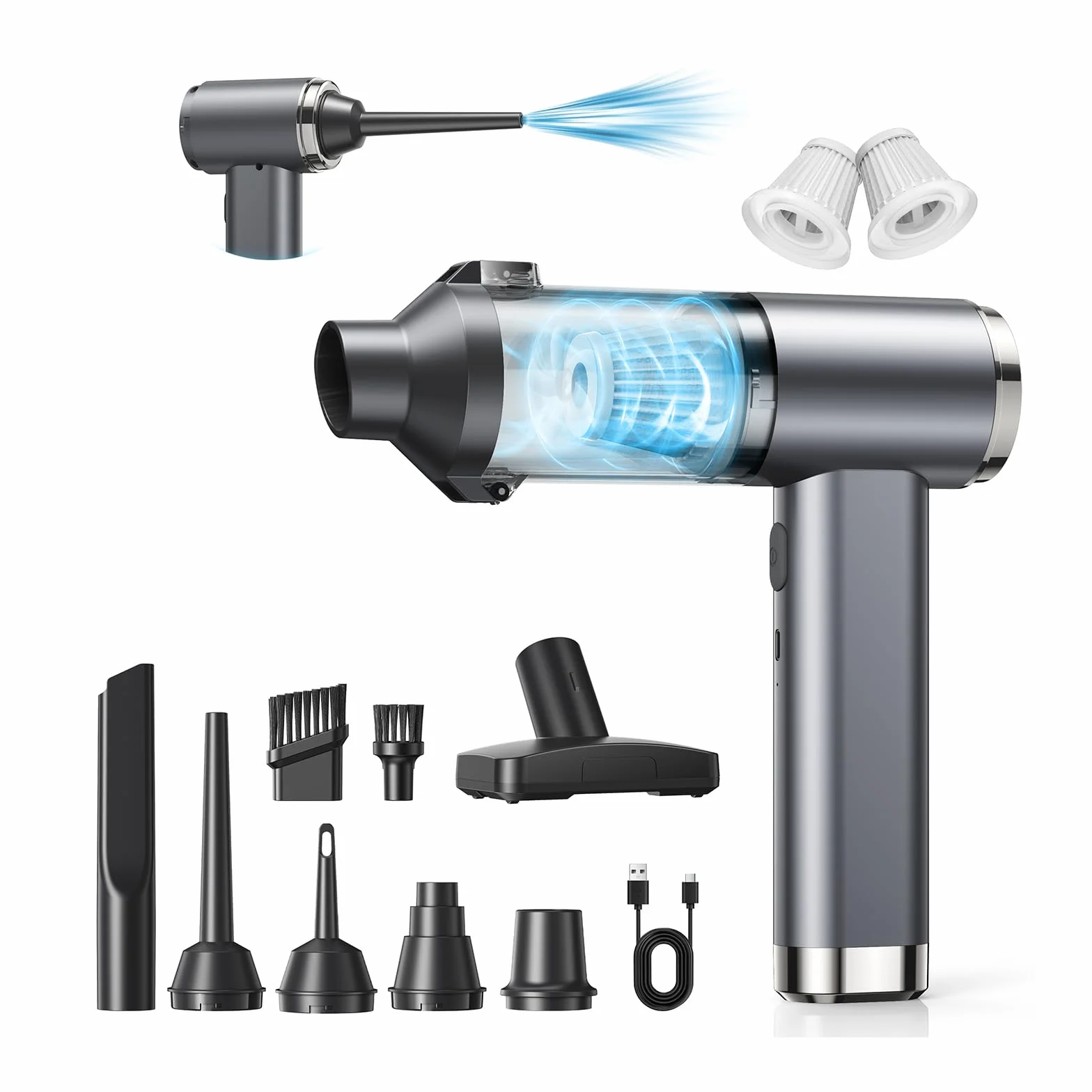Aspirateur Voiture Puissant 4-en-1 25000Pa Sans Fil Moteur Brushless 2 Vitesses 6000mAh 150000 RPM Souffleur Air Comprimé