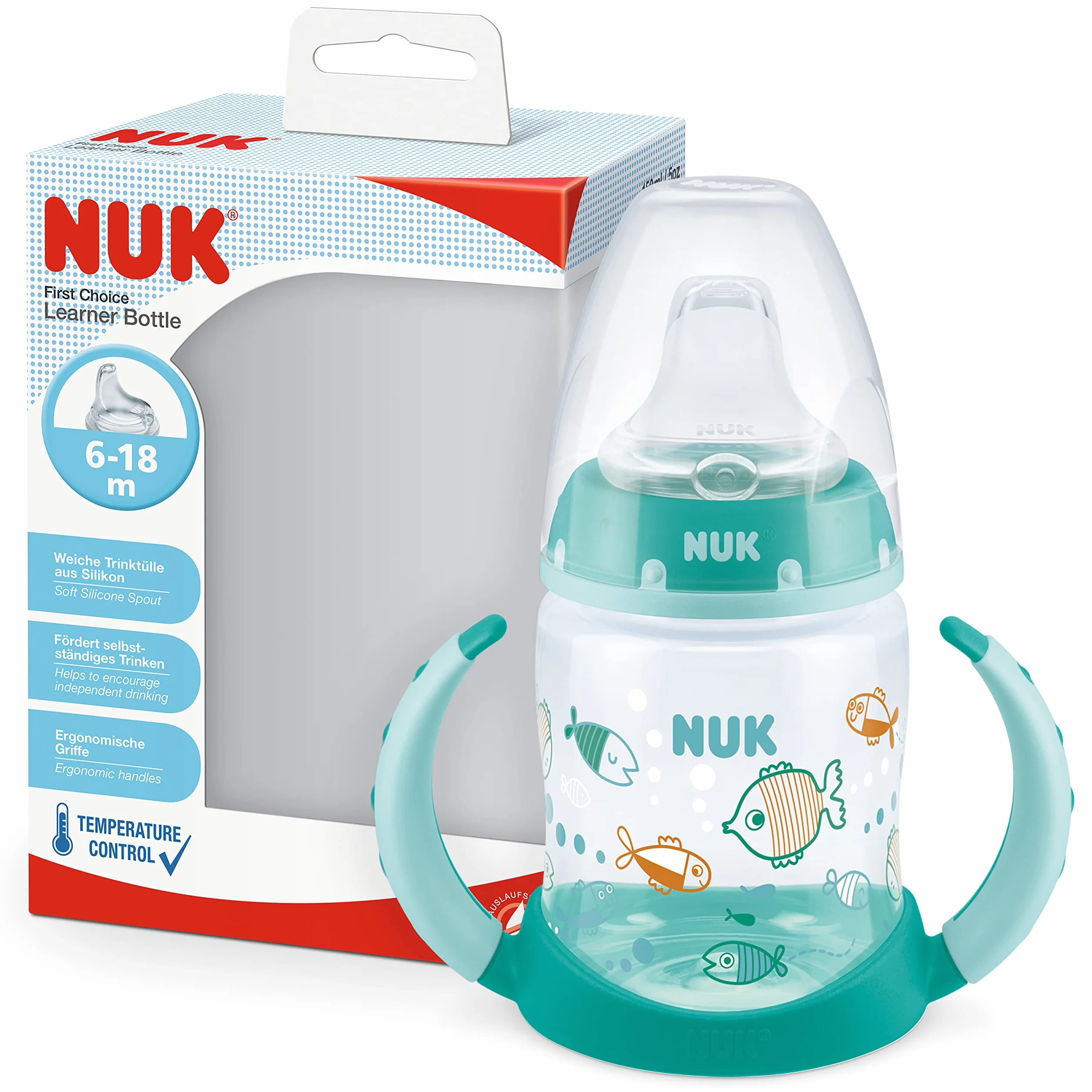 NUK First Choice+ Bouteille d'apprentissage 150 ml 6-18 mois Sans BPA Poissons verts