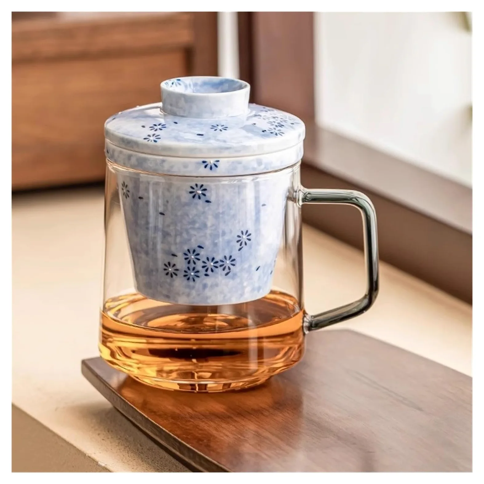 Tasses en verre Tasse à thé en verre avec infuseur et couvercle en céramique, 15,7 oz
